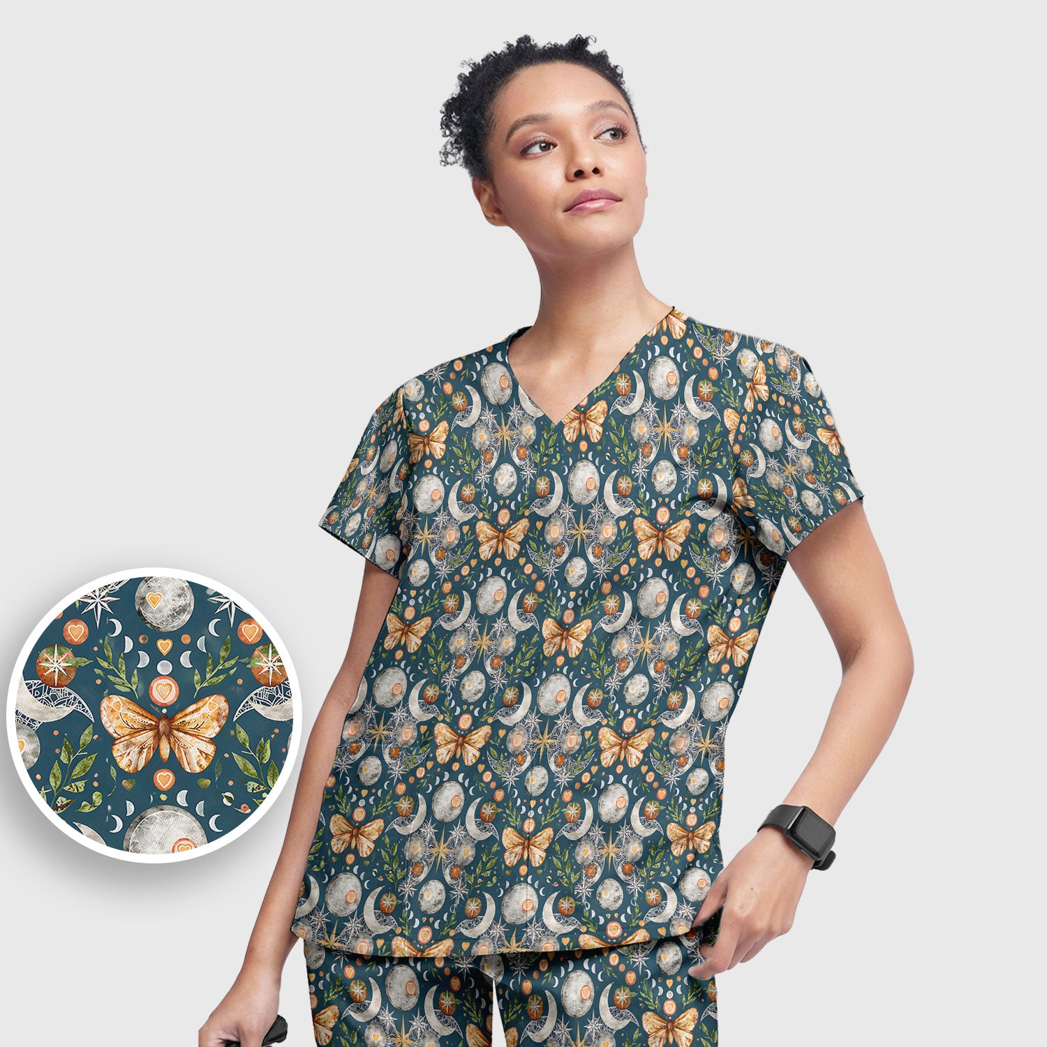 Celestial Butterfly Moonlight Pattern Scrub Set, Scrub Pants and V Neck Top