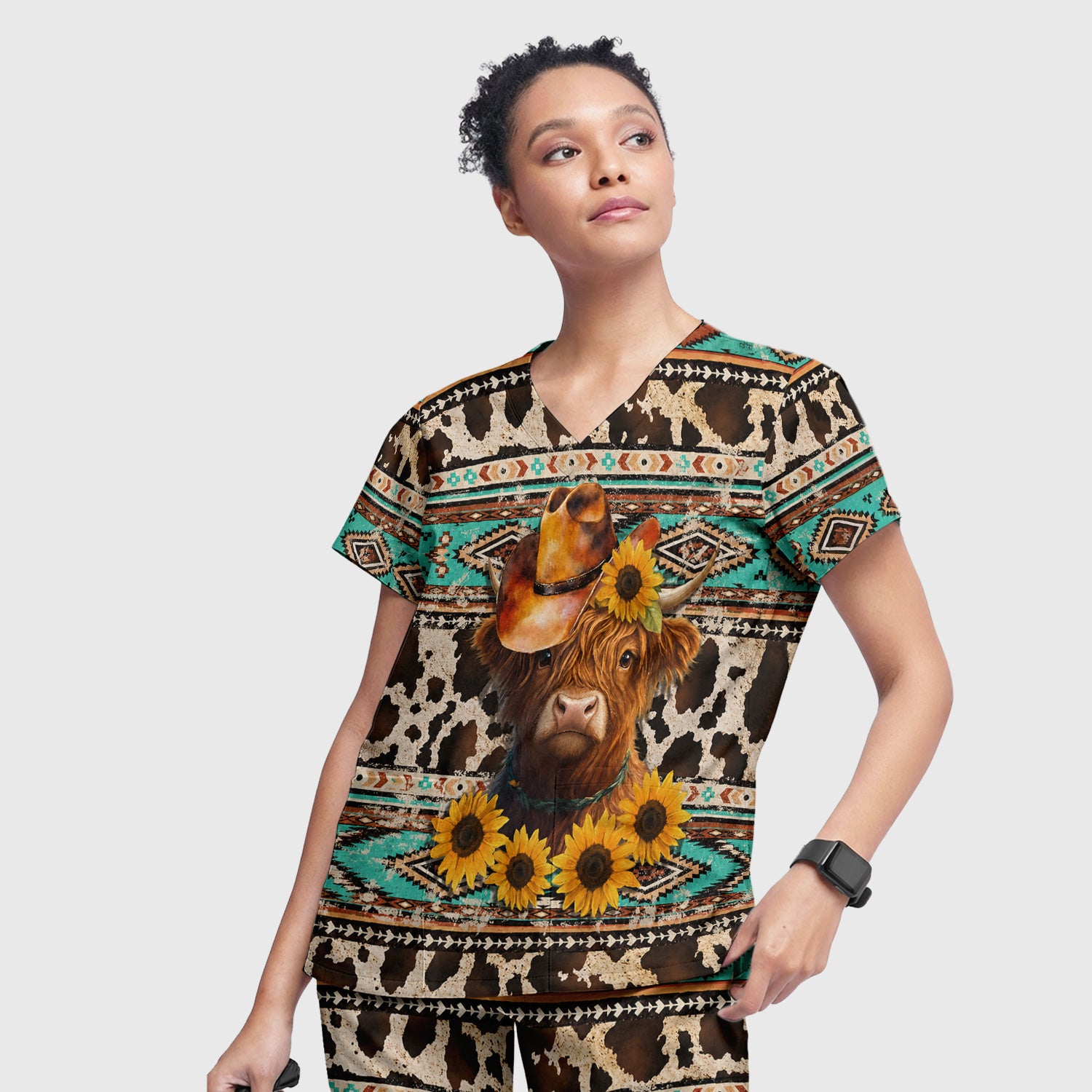 Western Highland Cow Sunflowers Print Scrub Set, Scrub Pants and V Neck Top