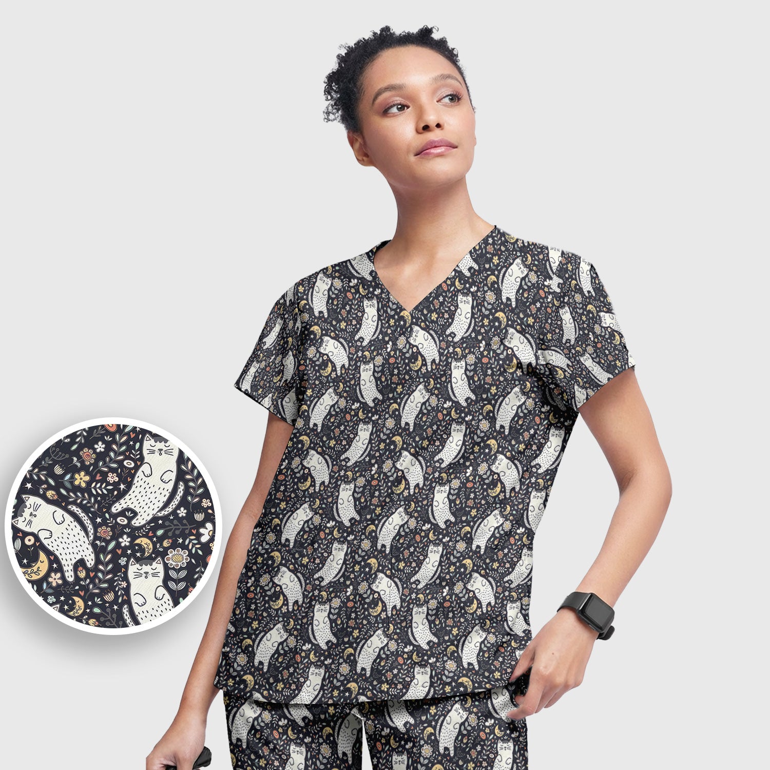 Moonlit Floral Cat Seamless Pattern Scrub Set, Scrub Pants and V Neck Top