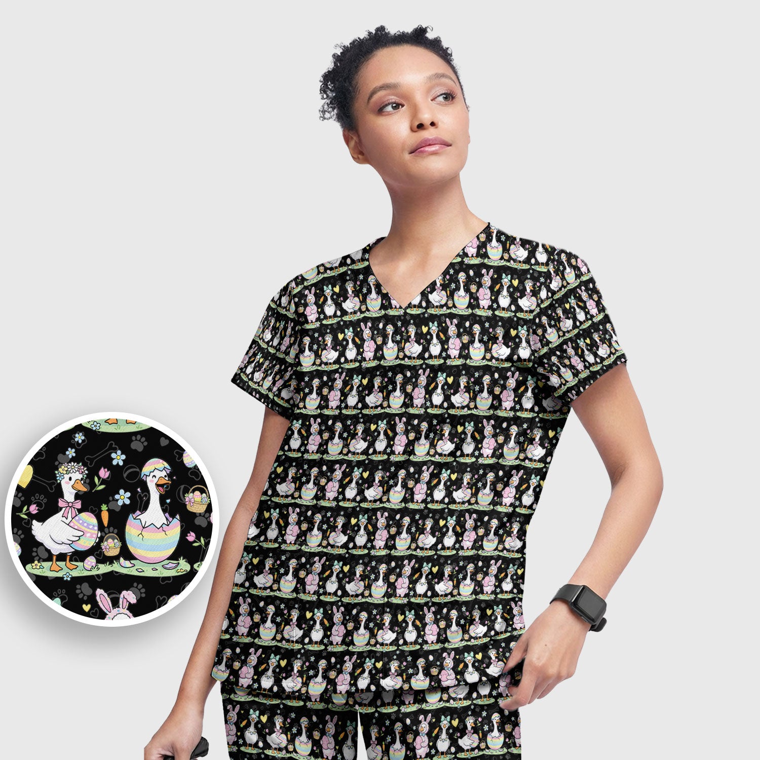 Spring Easter Goose and Bunny Print Scrub Set, Breathable Med Uniform