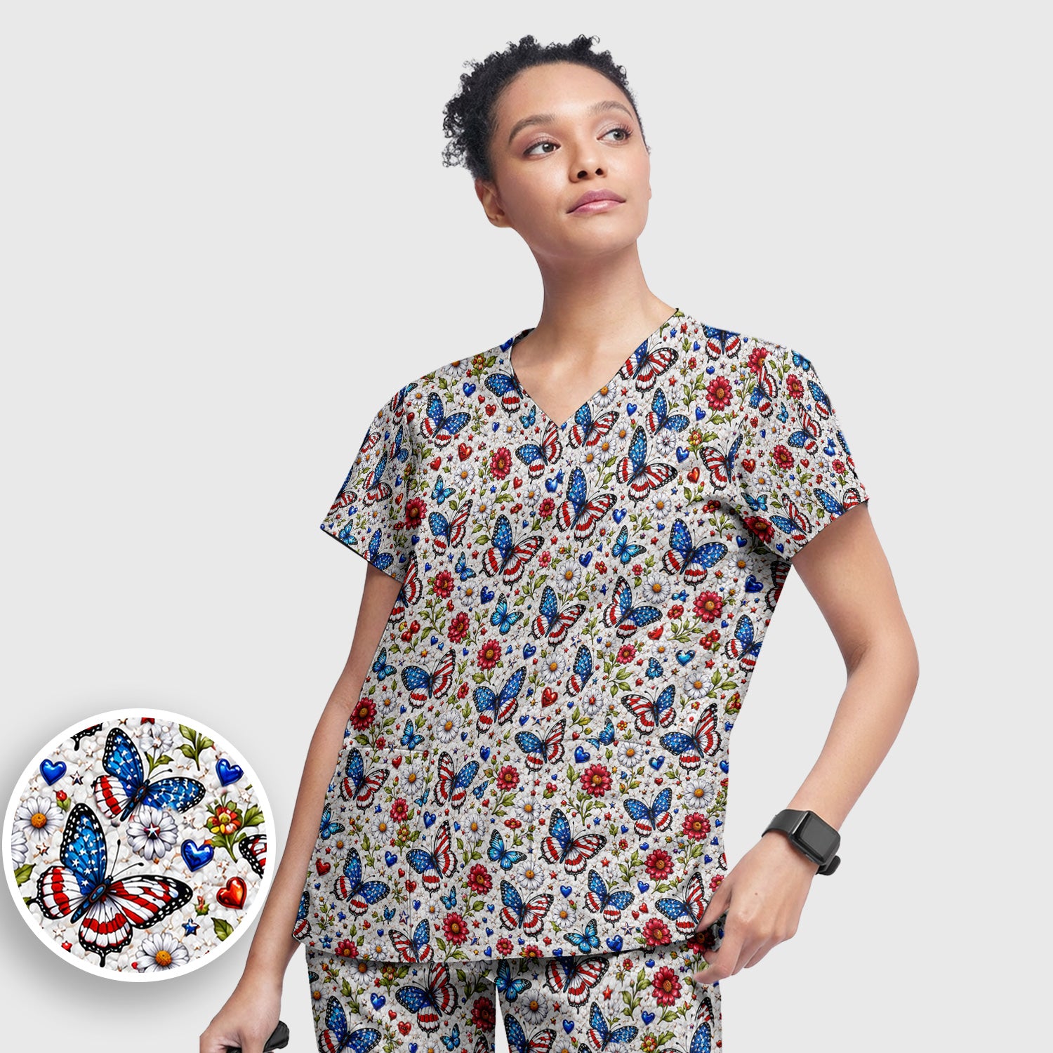 Patriotic Butterfly Daisy Heart Pattern Scrub Set, Scrub Pants and V Neck Top