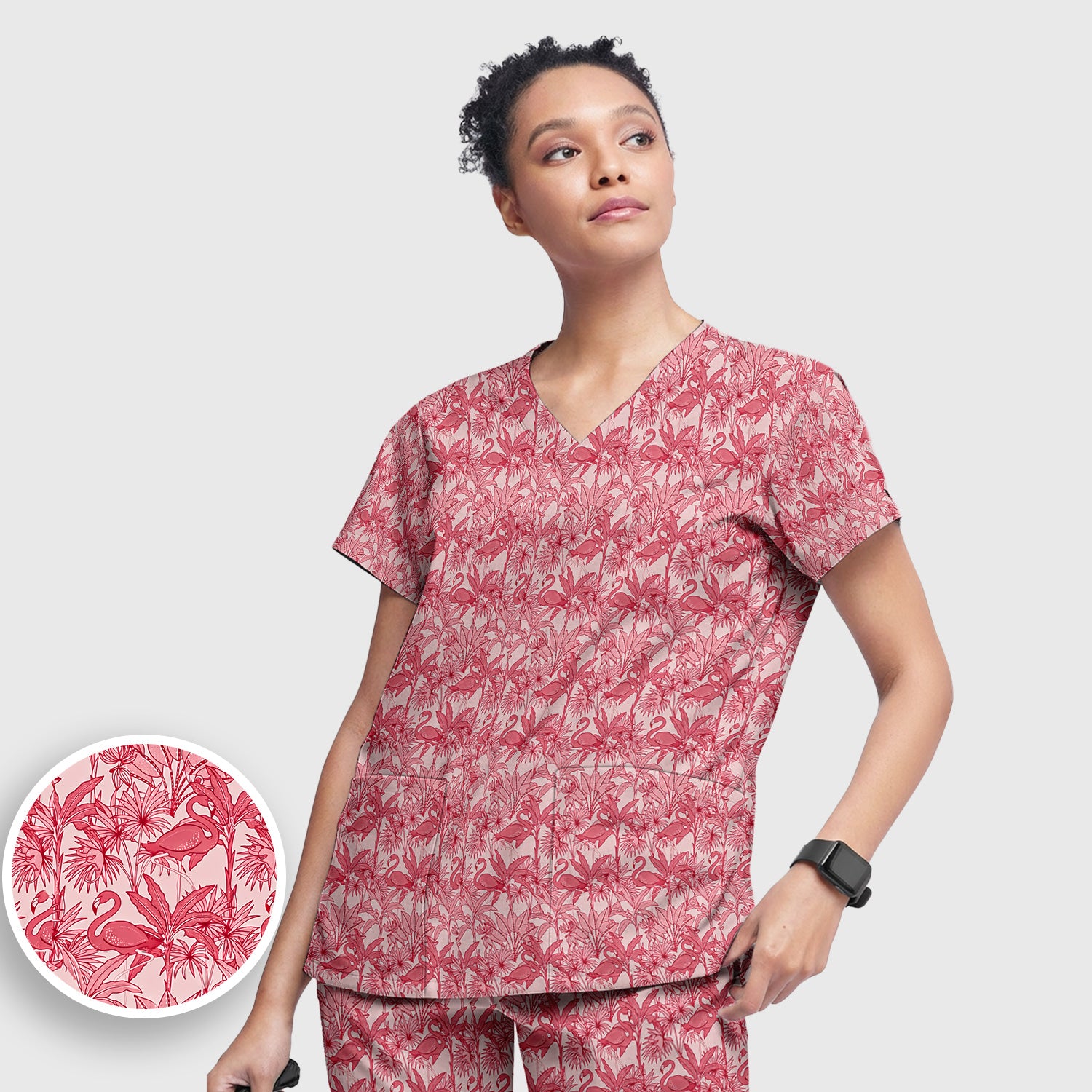Tropical Flamingo Palm Leaves Pattern Scrub Top, Breathable Fabrics Nursing Uniform