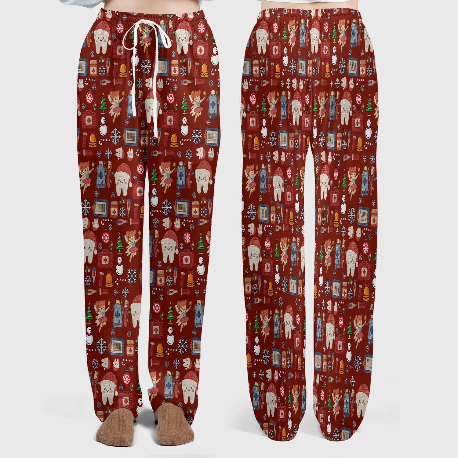 Christmas Dental Scrub Set - Cute Santa Tooth & Snowman Scrubs Pants and V Neck Top - Funny Holiday Gift for Dentists, Hygienists