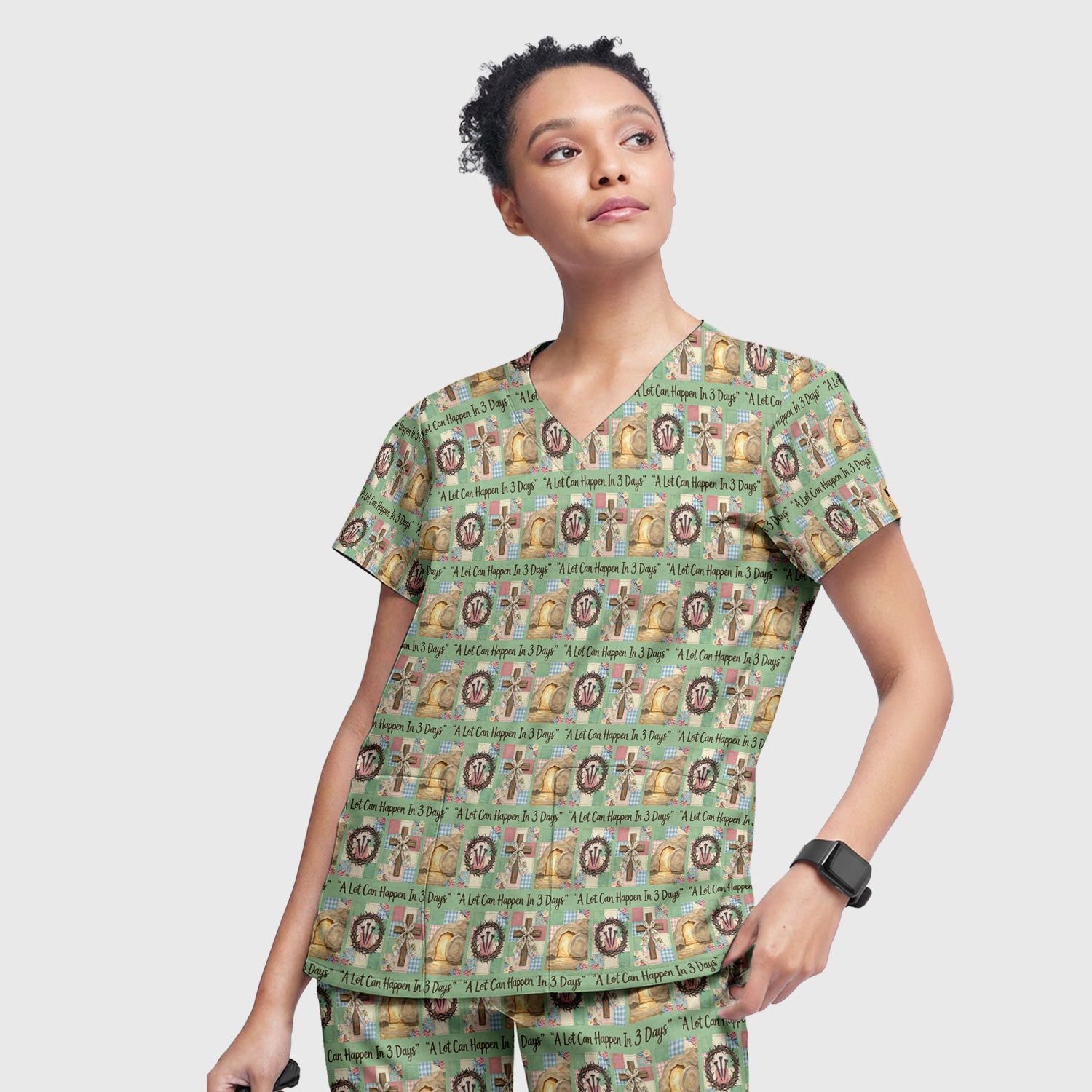 Christian Easter Cross Print Scrub Set, Scrub Pants and V Neck Top