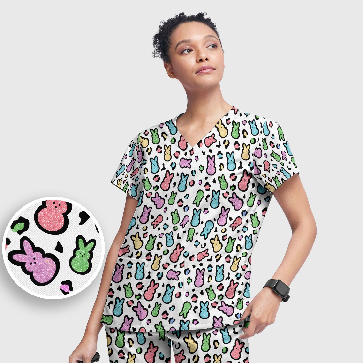 Cute Easter Bunny Pastel Pattern Scrub Set, Scrub Pants and V Neck Top