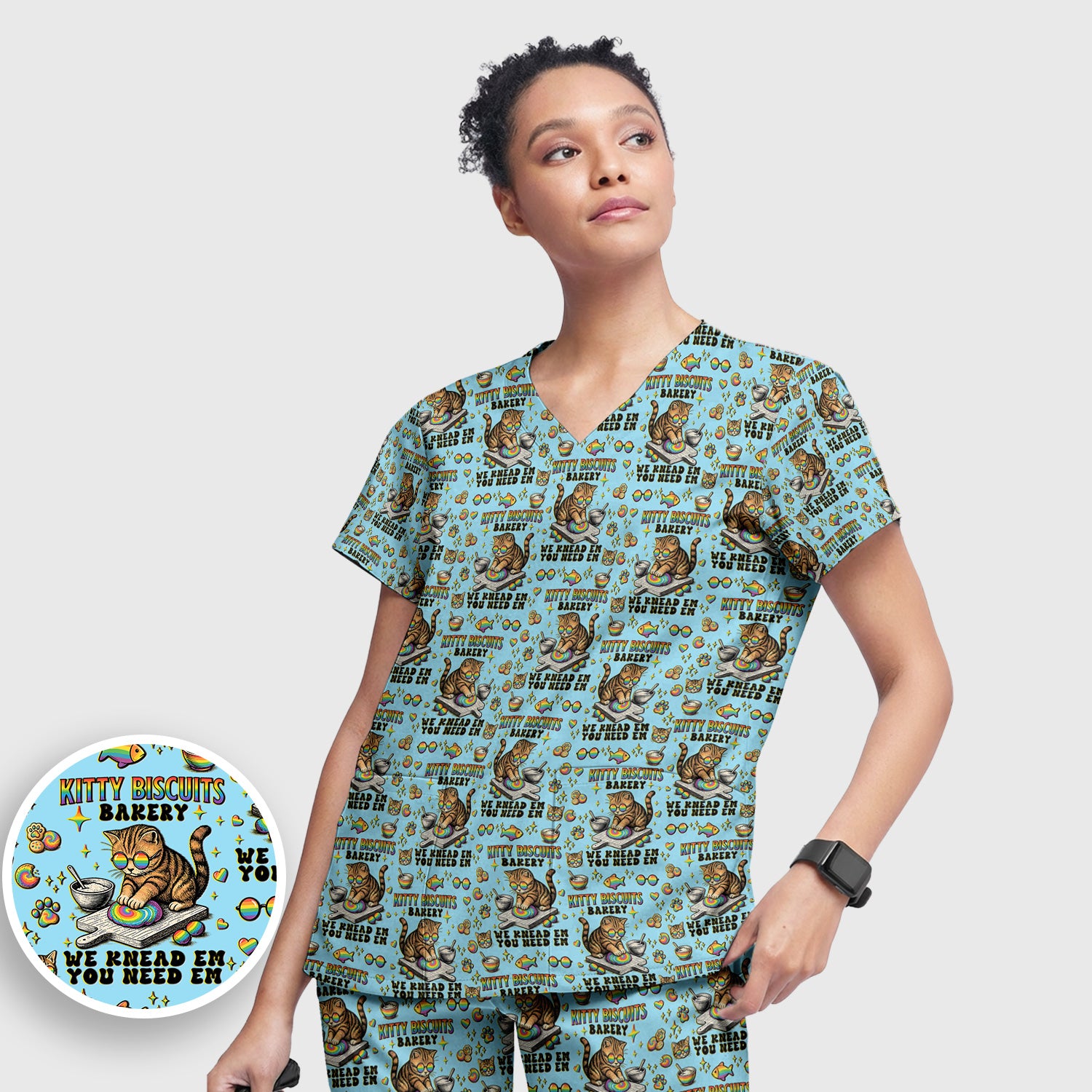 Pride Nurse Cat Baking Rainbow Dough Pattern Scrub Set, Women's Scrub Sets