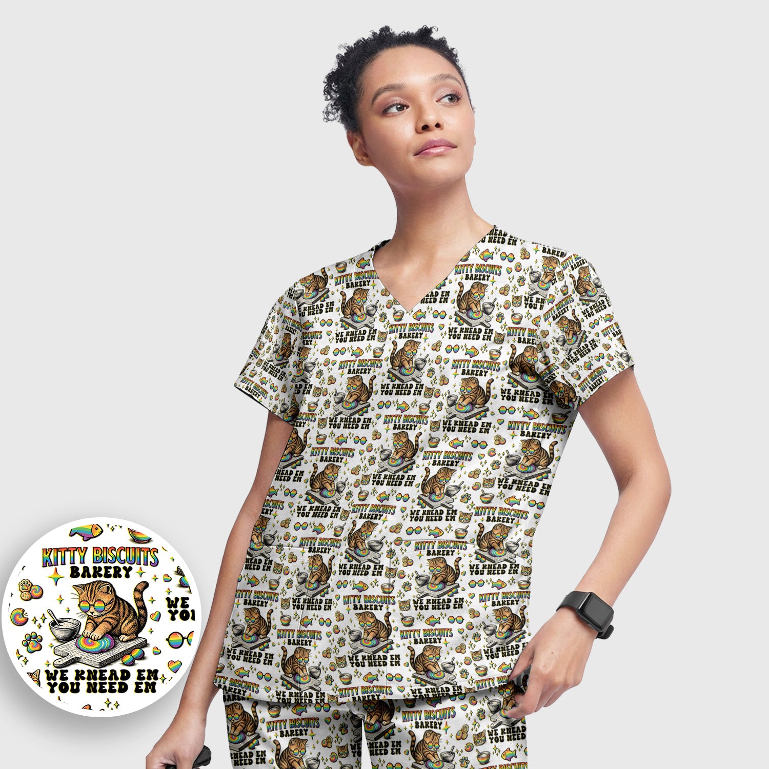 Pride Nurse Cat Baking Rainbow Dough Pattern Scrub Set, Women's Scrub Sets