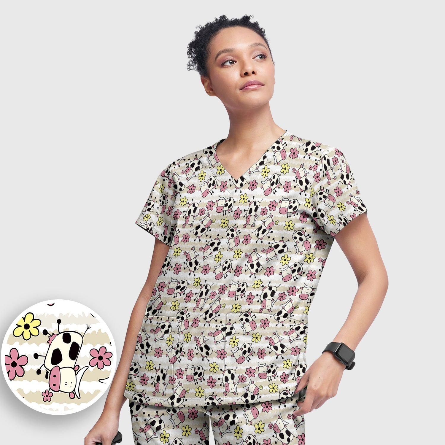 Cute Cartoon Cow Flower Meadow Pattern Nurse Scrub Set, Scrub Pants and V Neck Top