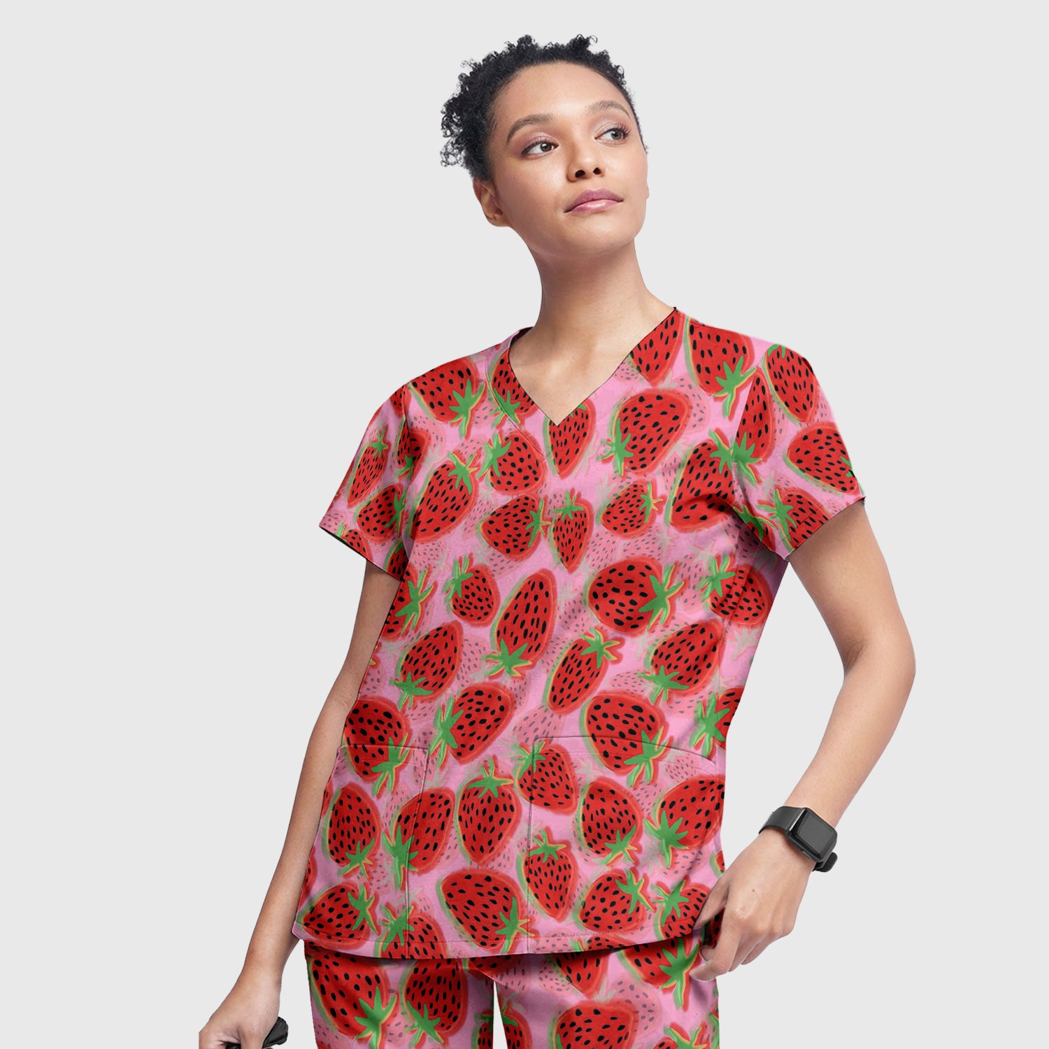 Pink Strawberry Pattern Scrub Set, Scrub Pants and V Neck Top