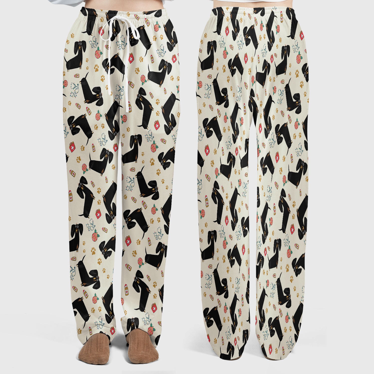 Funny Black Dachshund Scrub Set for Nurses - Cute Wiener Dog Scrubs Pants and V Neck Top - Puppy Lover Nursing Gift for Women