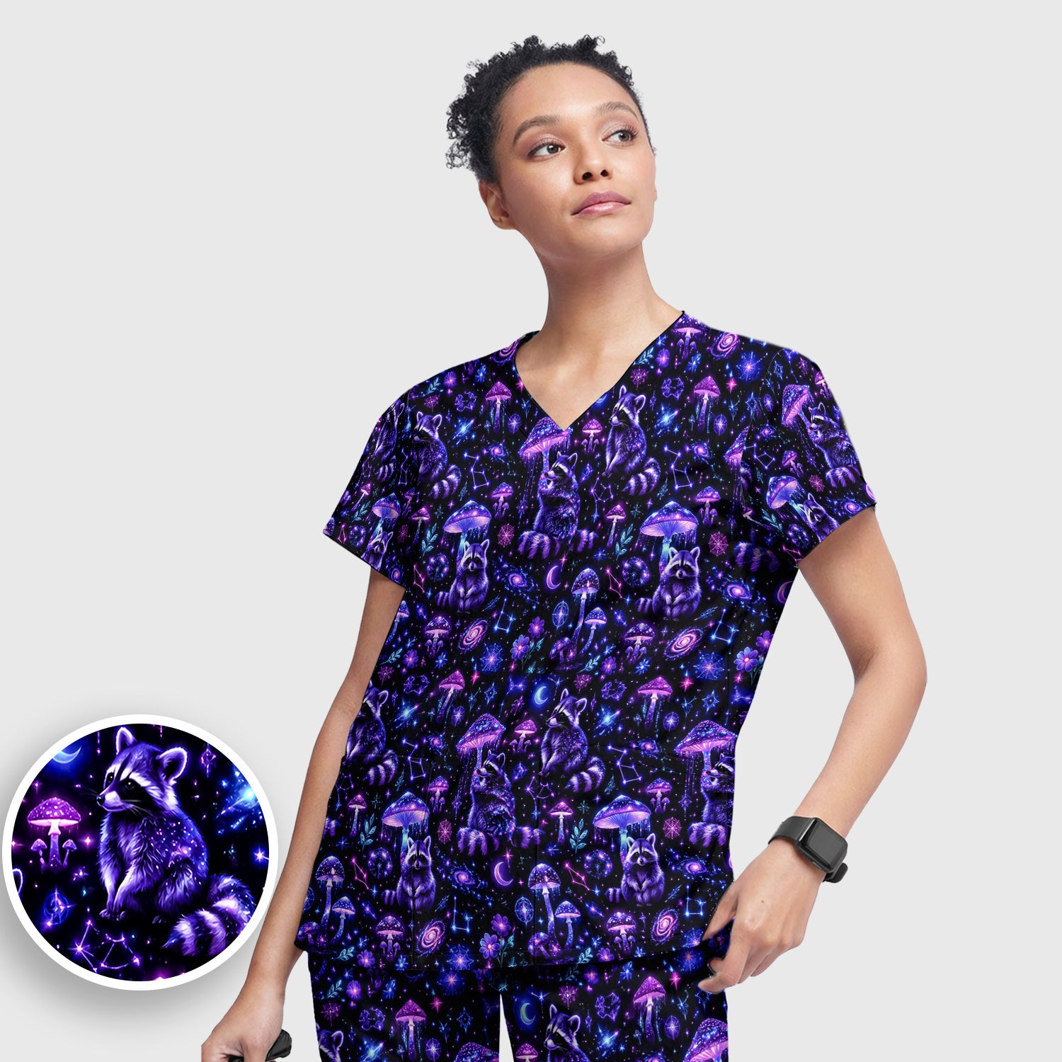 Cosmic Raccoon Mushroom Print Scrub Set, Scrub Pants and V Neck Top