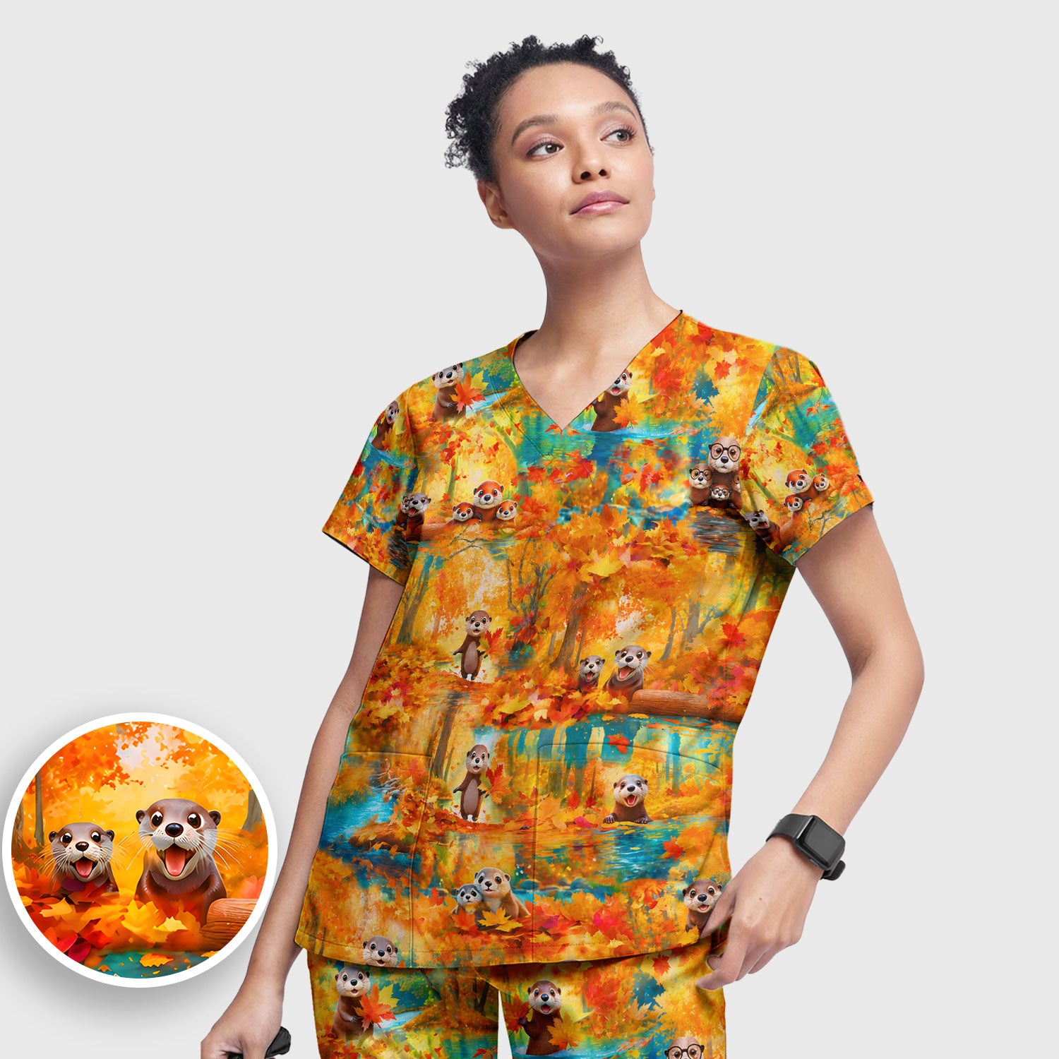 Cute Autumn Otter Leaf Forest Pattern Scrub Set, Scrub Pants and V Neck Top