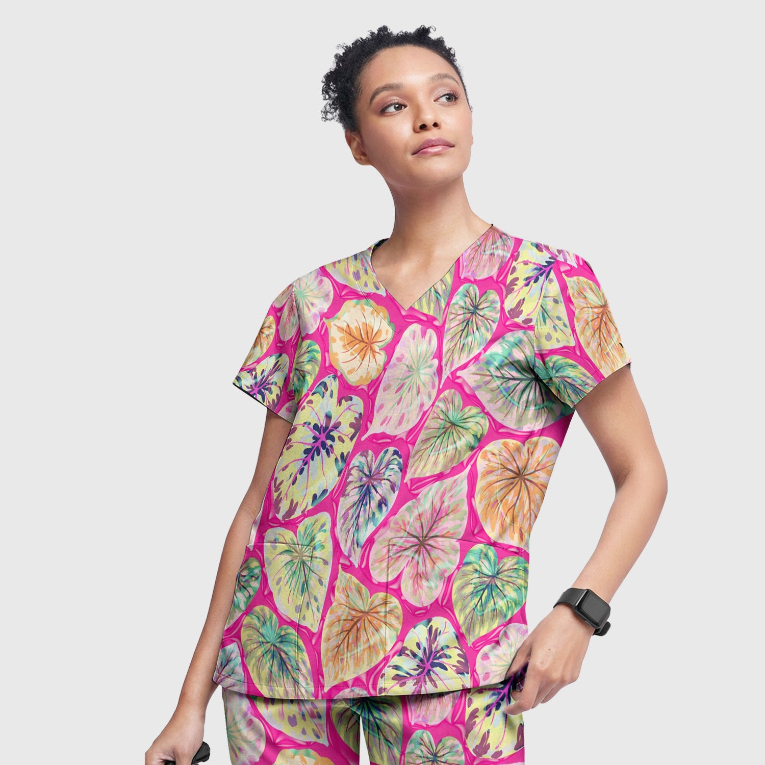 Tropical Colorful Shaped Leaf Nurse Pattern Scrub Set, Scrub Pants and V Neck Top
