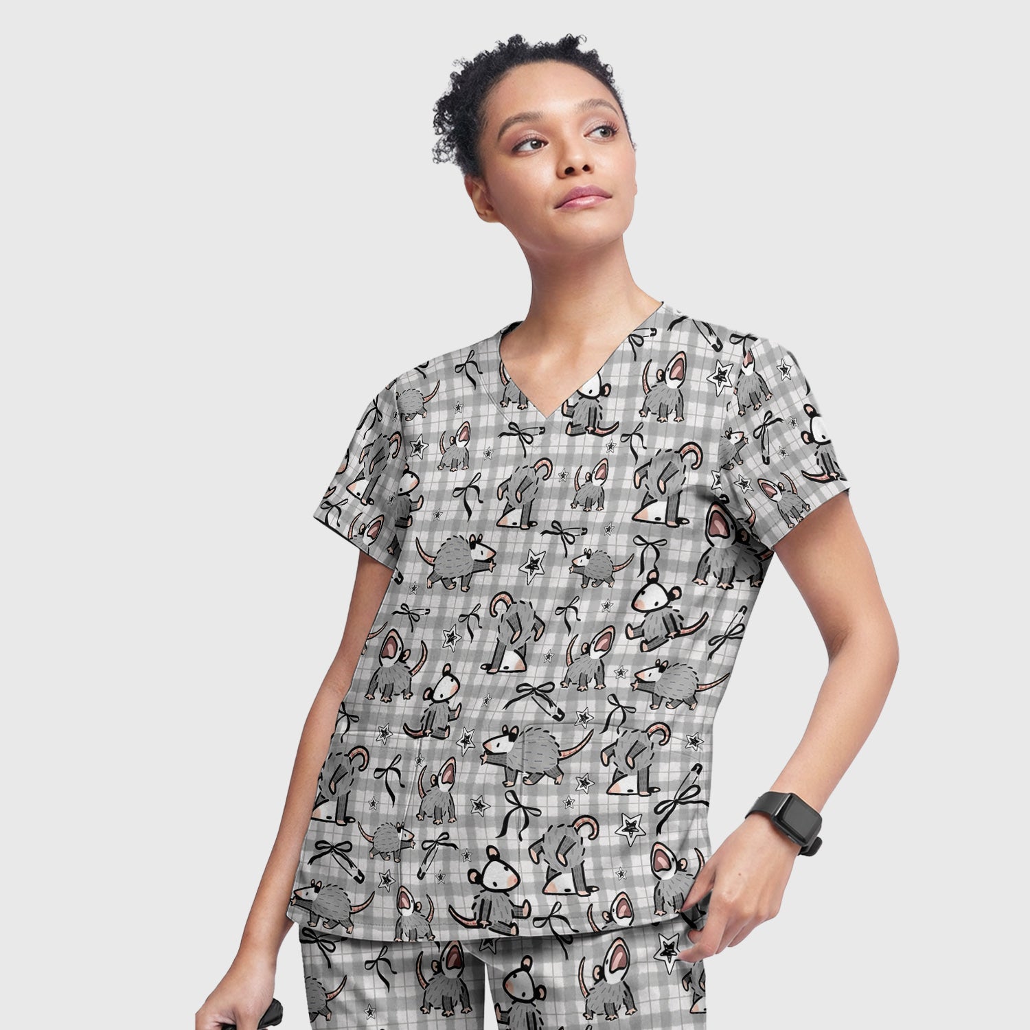 Funny Mouse Cartoon Pattern Scrub Set, Scrub Pants and V Neck Top