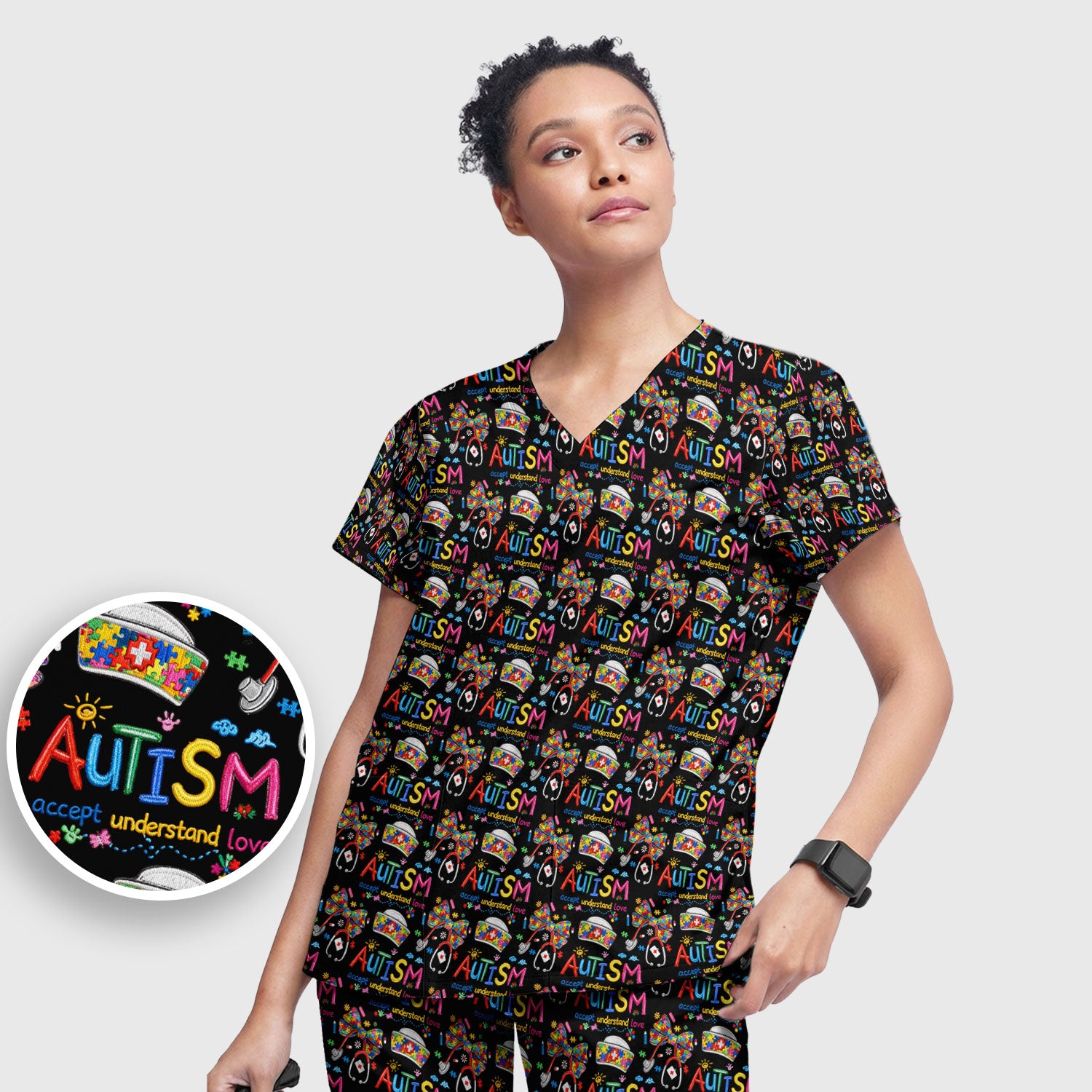 Autism Awareness Pattern Nurse Scrub Set, Accept Understand Love Puzzle Nurses Shirt, Breathable Fabrics Nursing Uniform