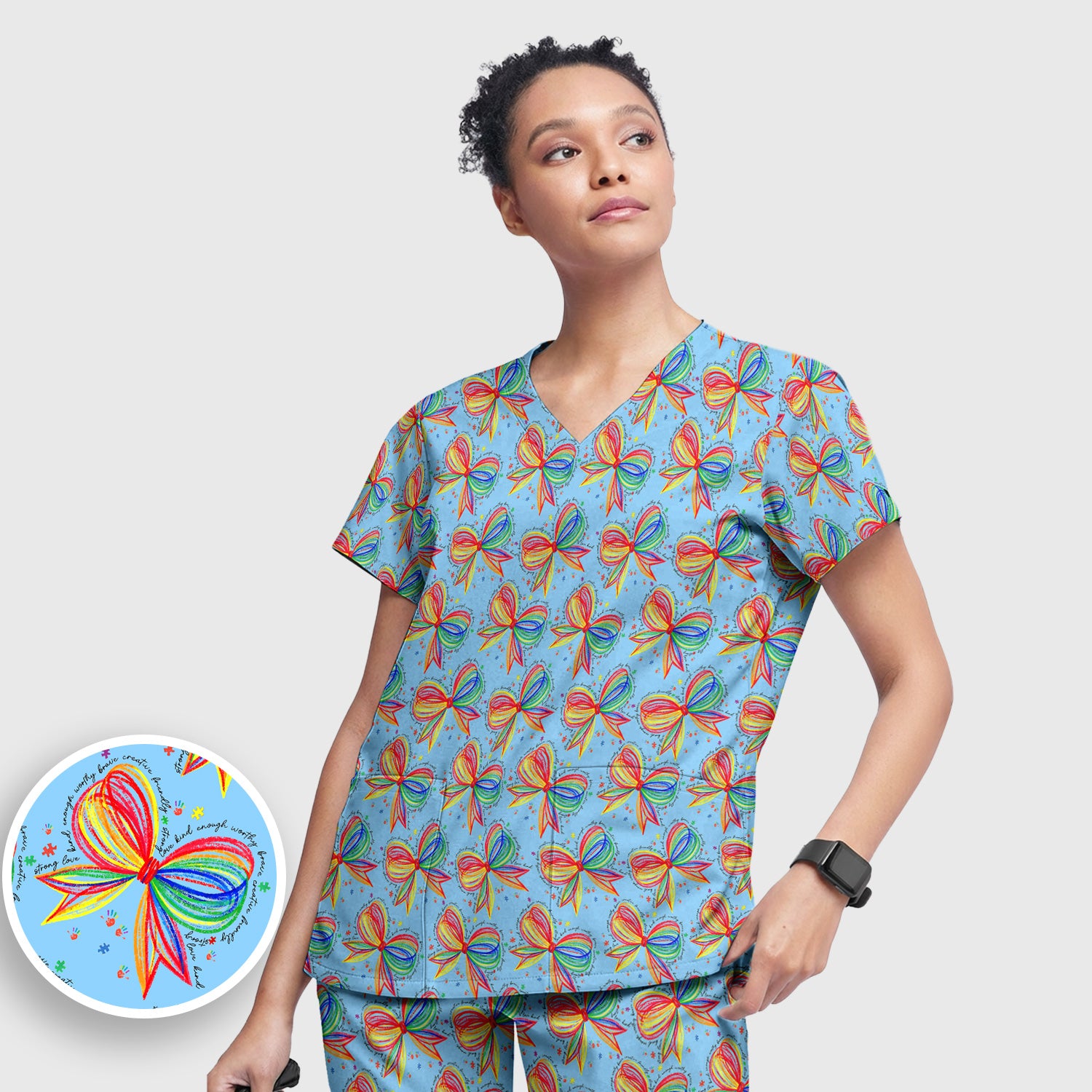 Colorful Rainbow Bow Pattern Scrub Set, Scrub Pants and V Neck Top