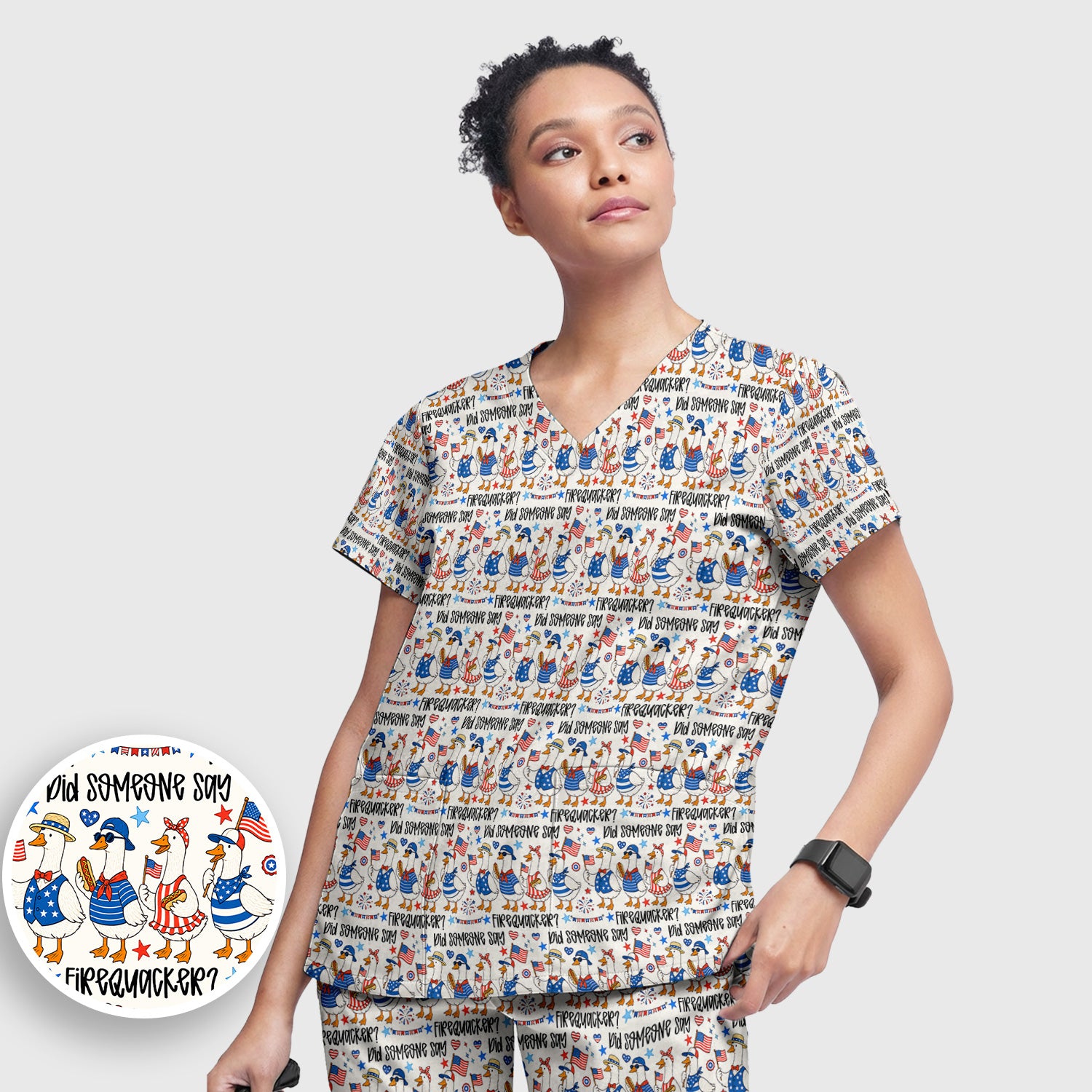 Funny Patriotic Goose Pattern Scrub Set, Scrub Pants and V Neck Top