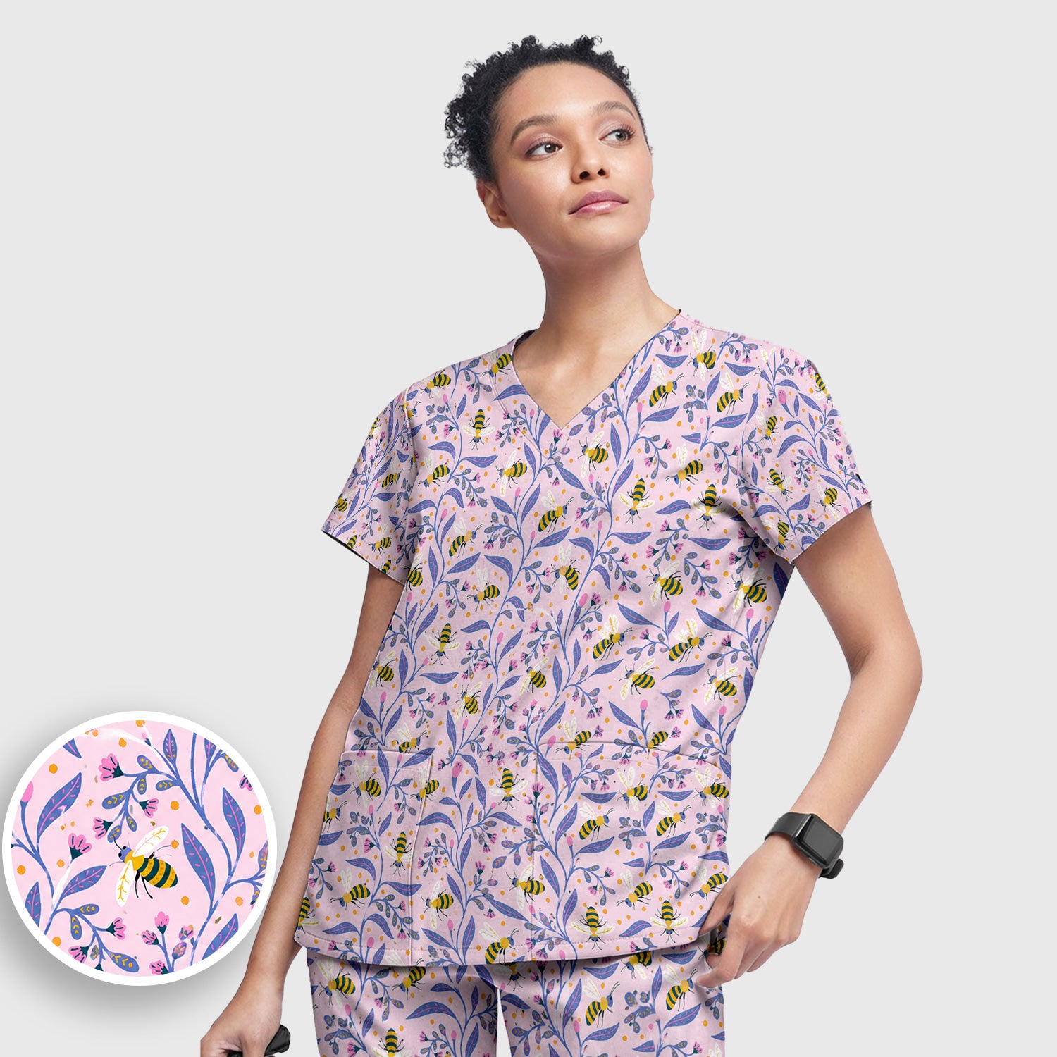 Cute Bumble Bee Floral Pattern Scrub Set, Scrub Pants and V Neck Top
