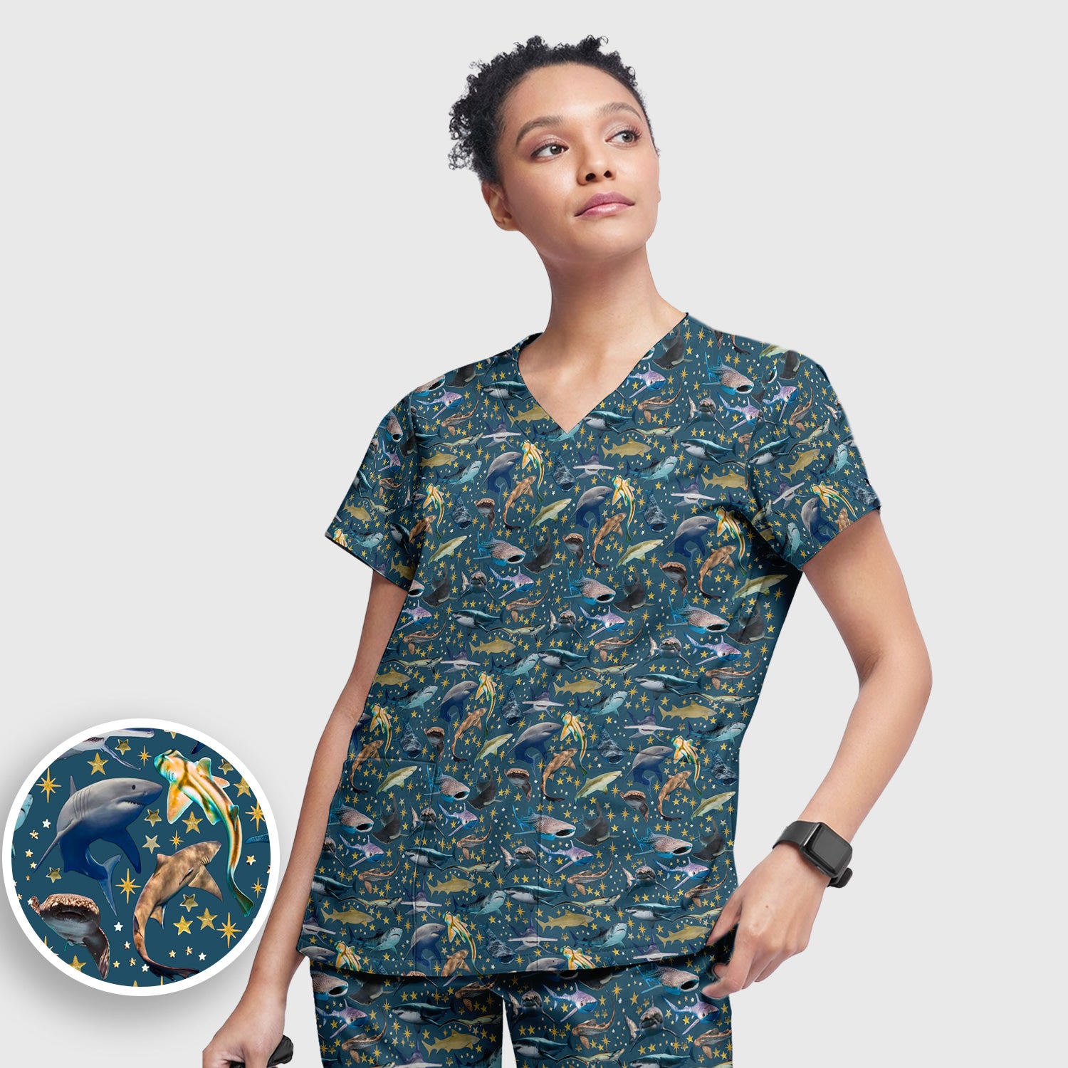 Colorful Shark Ocean Pattern Scrub Set, Women's Scrub Sets