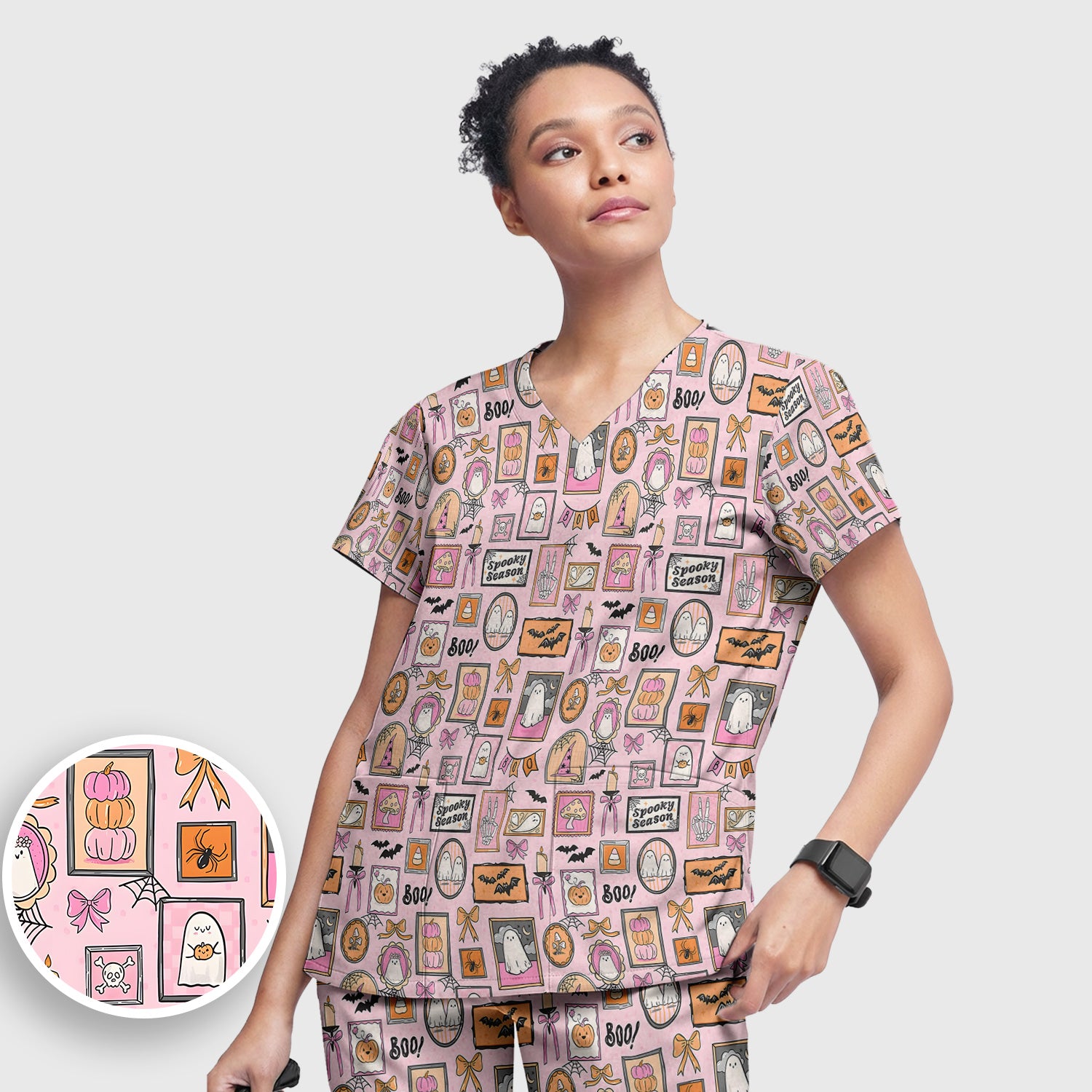 Pink Halloween Ghost Gallery Print Scrub Set, Scrub Pants and V Neck Top