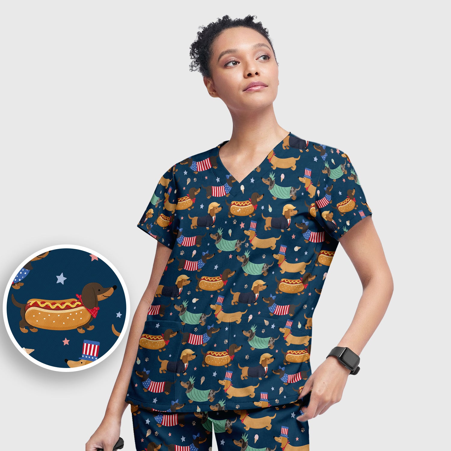 Funny Patriotic Dachshund Costume Dogs Scrub Set, Women's Scrub Sets