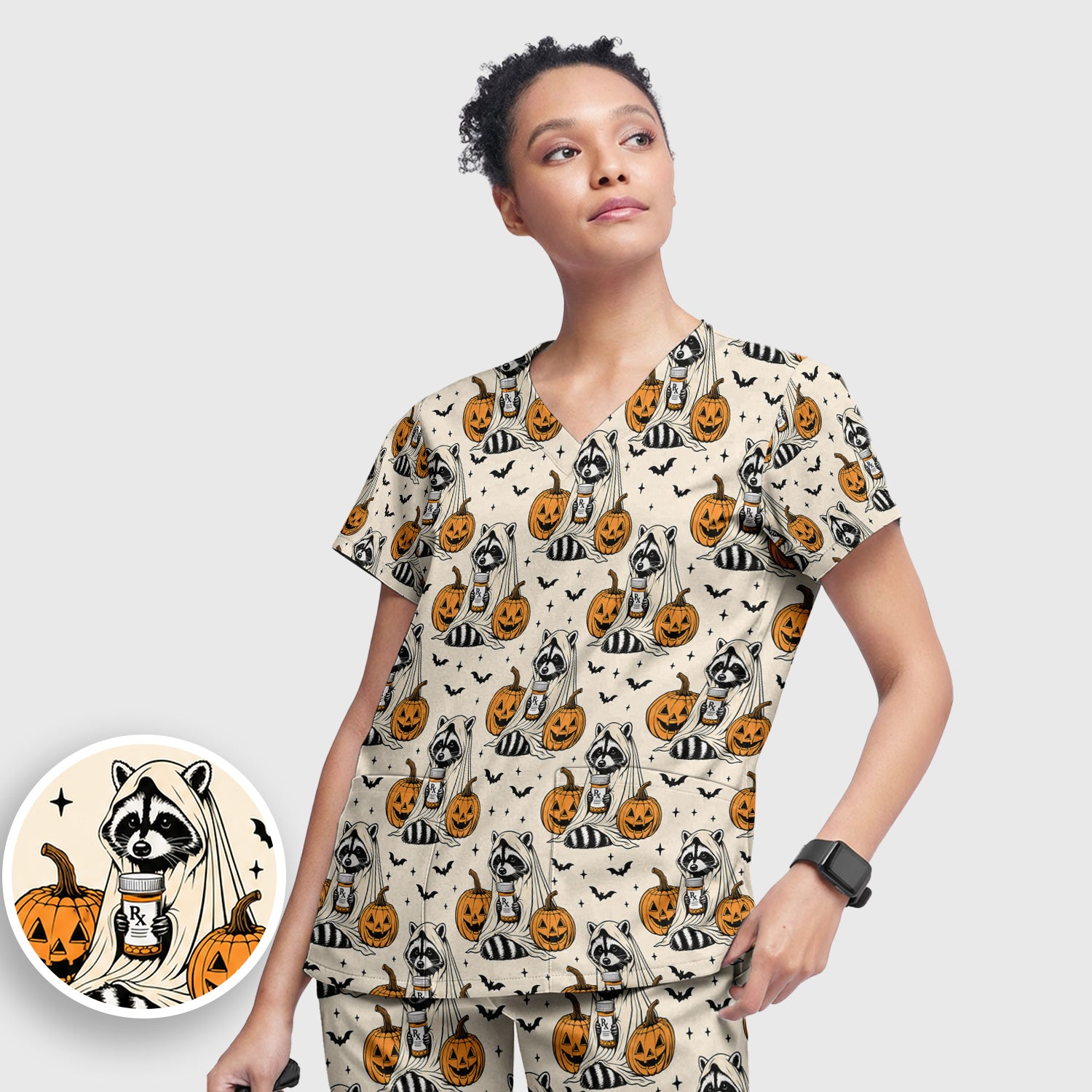 Halloween Raccoon with Pumpkin Bat Print Scrub Set, Scrub Pants and V Neck Top