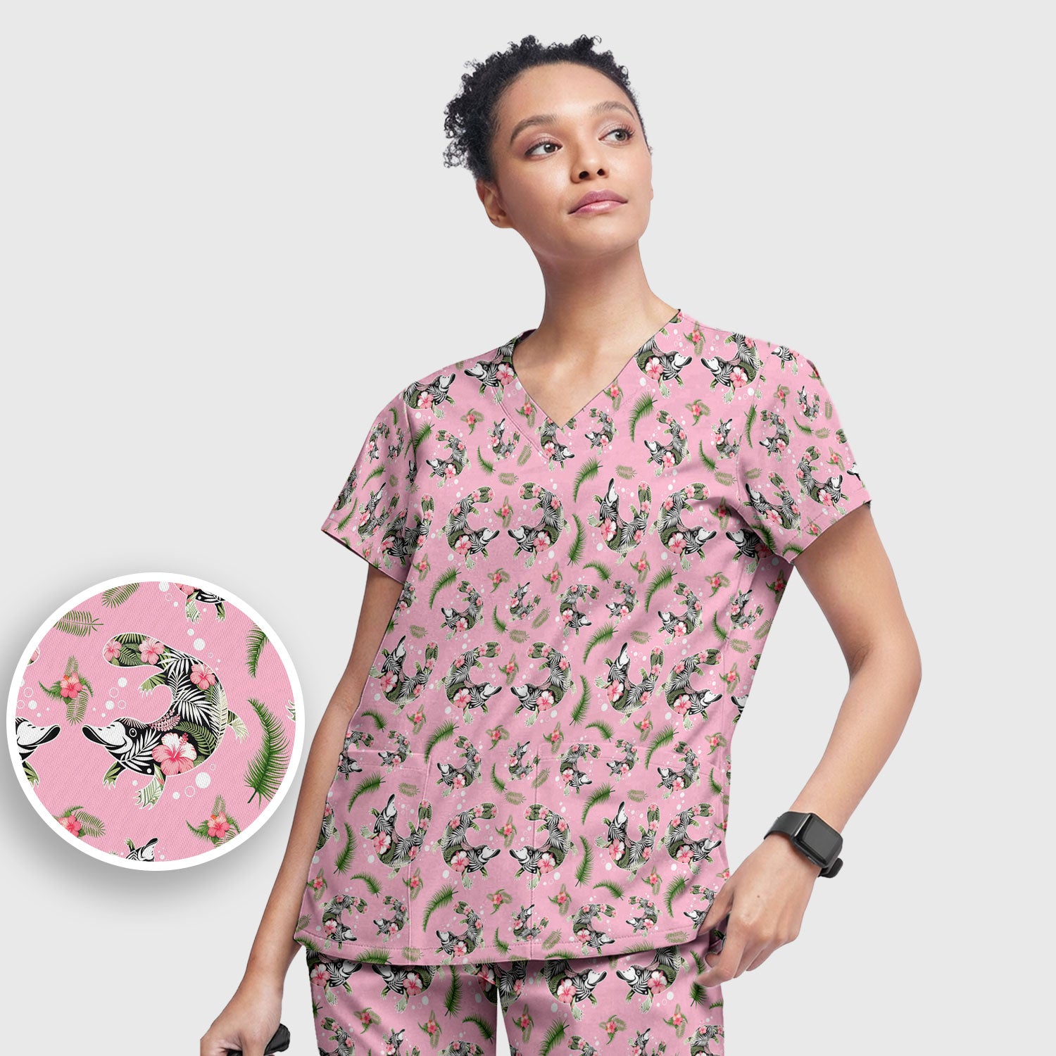 Cute Platypus Scrub Set, Tropical Floral Animal Pattern Nurse Shirt, Breathable Fabrics Nursing Uniform