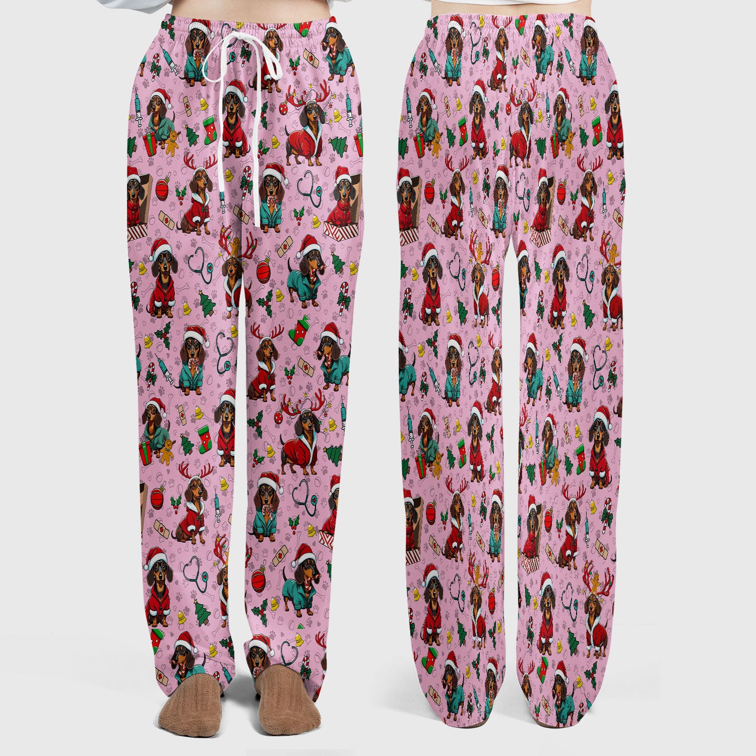 Christmas Dachshund Scrub Set for Nurses - Cute Sausage Dog Holiday - Funny Reindeer & Santa Scrubs Pants and V Neck Top