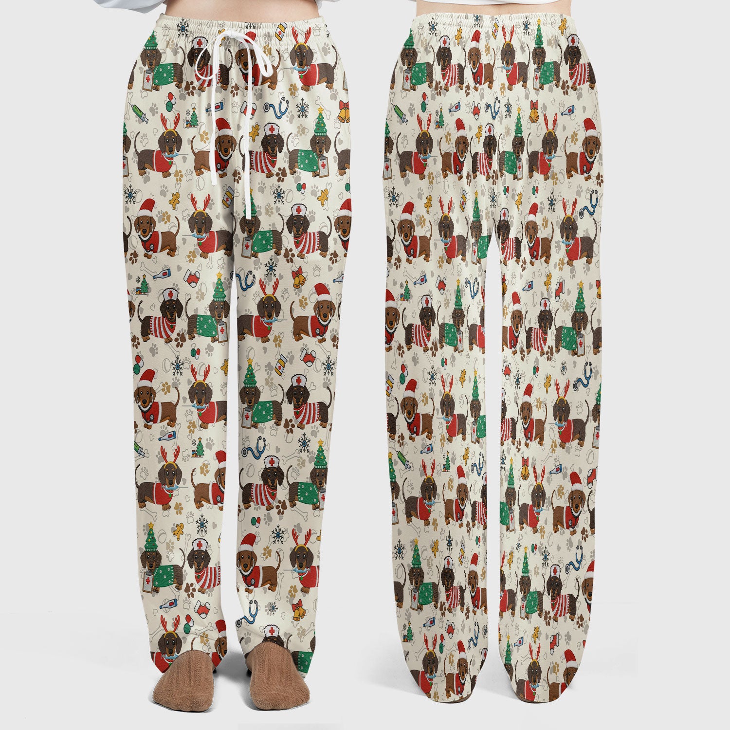 Christmas Dachshund Scrub Set for Nurses - Cute Wiener Dog Scrubs Pants and V Neck Top - Cute Puppy Med Uniform Gift for Women