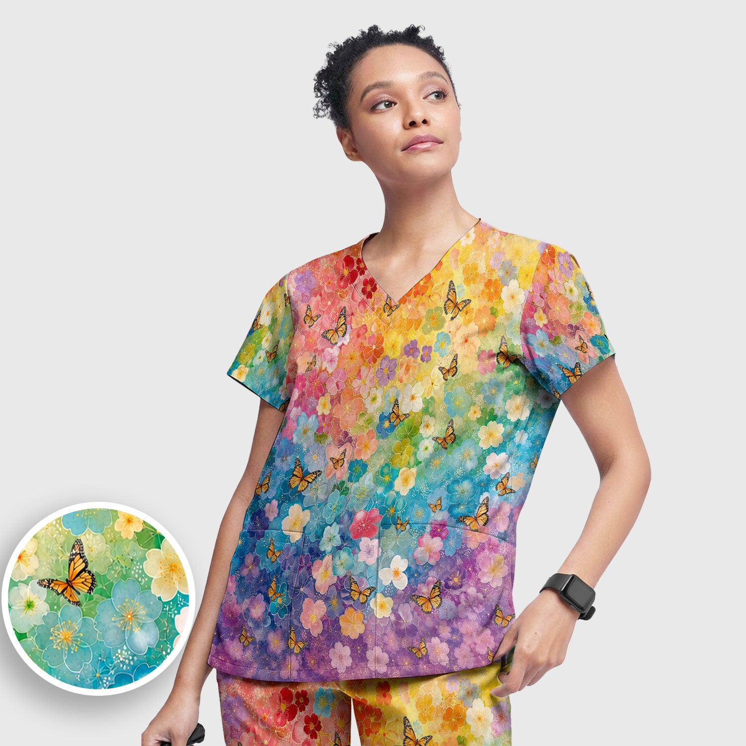 Rainbow Butterfly Floral Blossom Pattern Scrub Set, Scrub Pants and V Neck Top