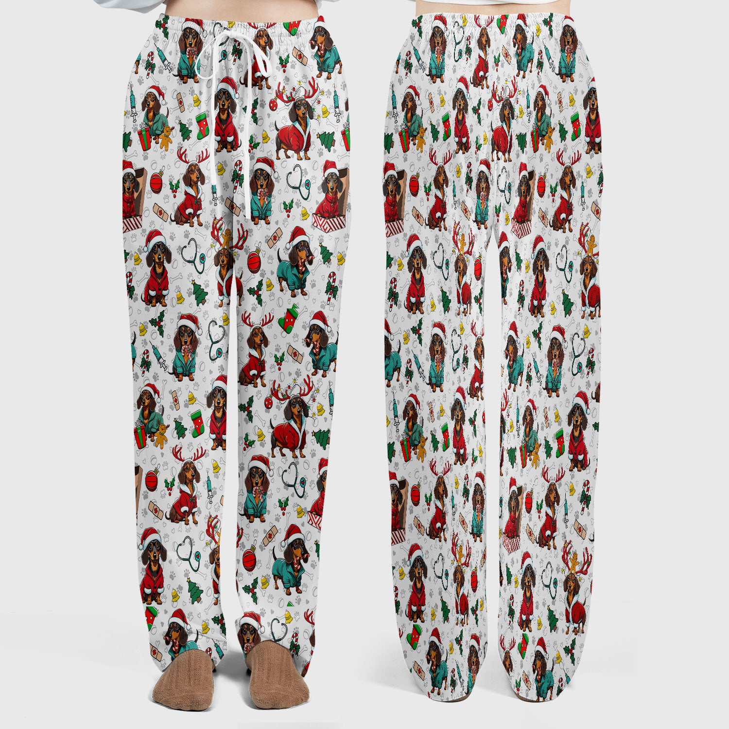 Christmas Dachshund Scrub Set for Nurses - Cute Sausage Dog Holiday - Funny Reindeer & Santa Scrubs Pants and V Neck Top