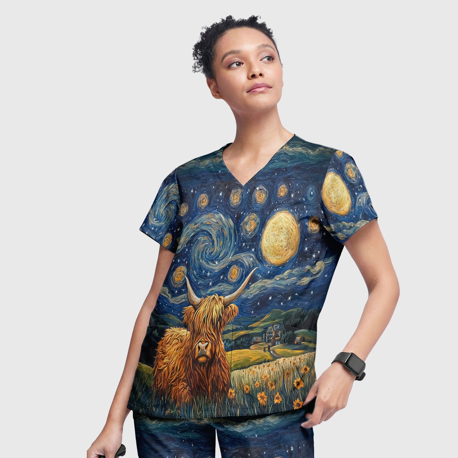 Artistic Highland Cow Starry Night Scene Pattern Scrub Set, Scrub Pants and V Neck Top