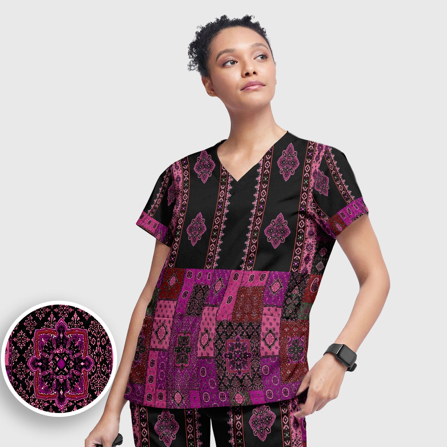 Boho Pink Bandana Patchwork Pattern Scrub Set, Scrub Pants and V Neck Top