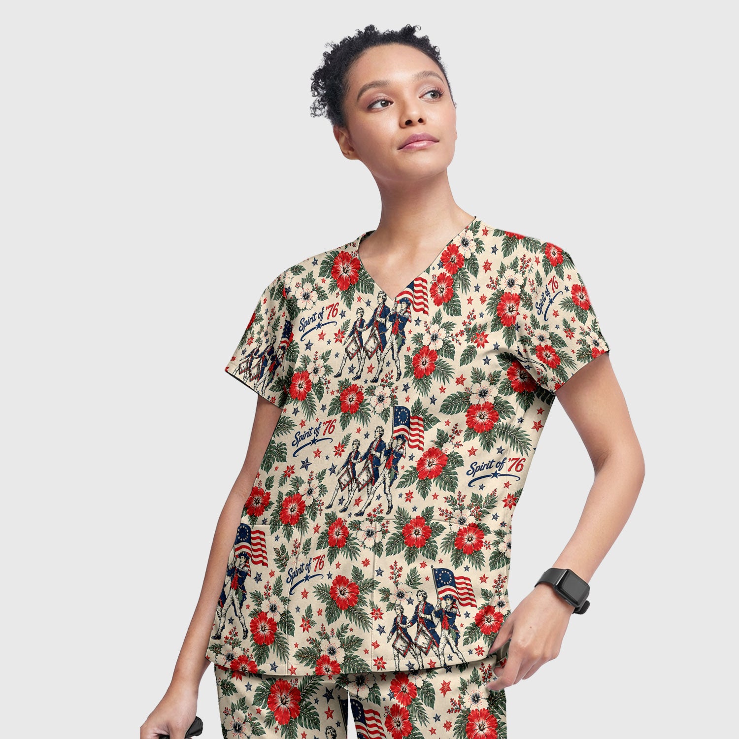 Vintage 1776 Patriot with Floral Flag Scrub Set, Scrub Pants and V Neck Top