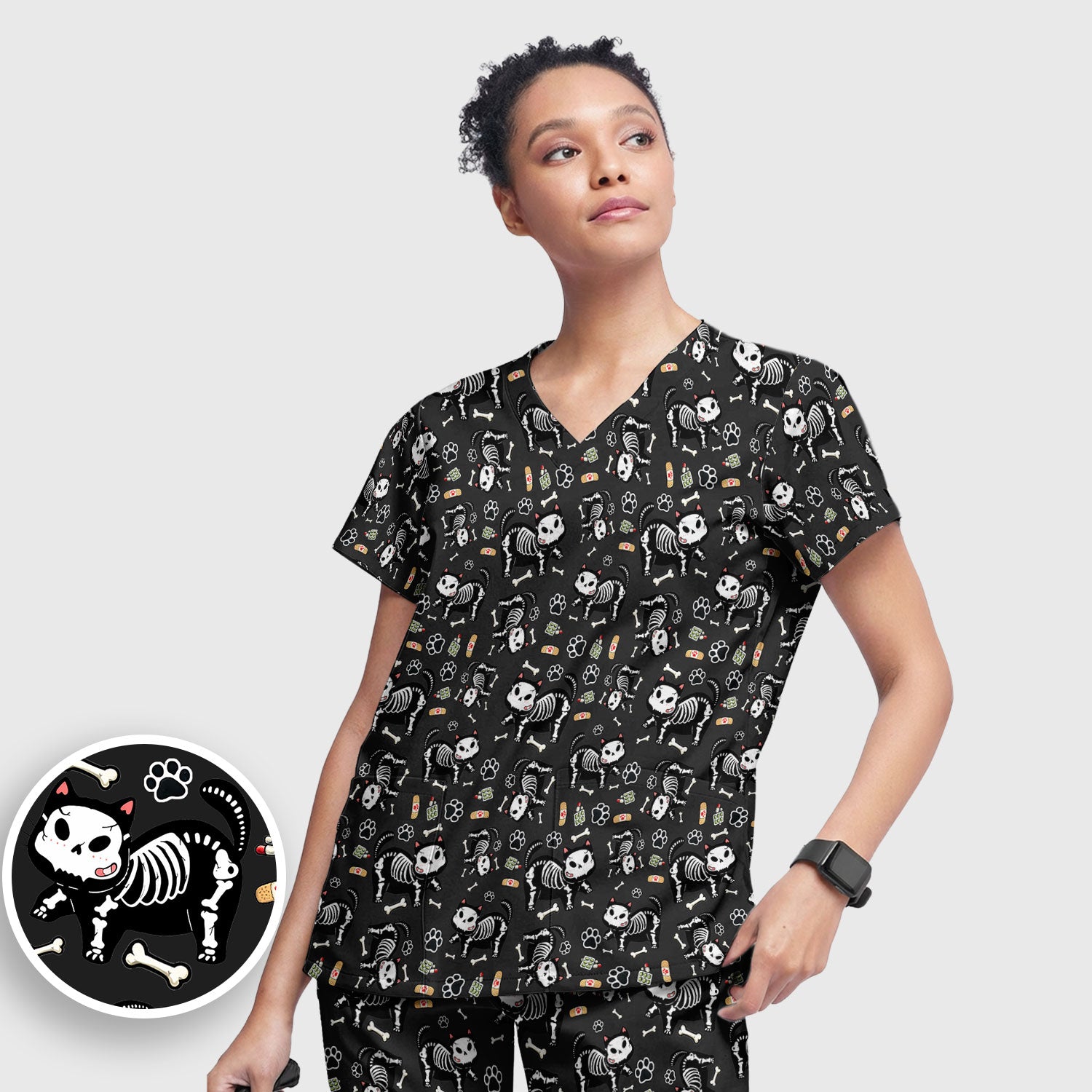 Skeleton Cat Medical Pattern Scrub Set, Scrub Pants and V Neck Top