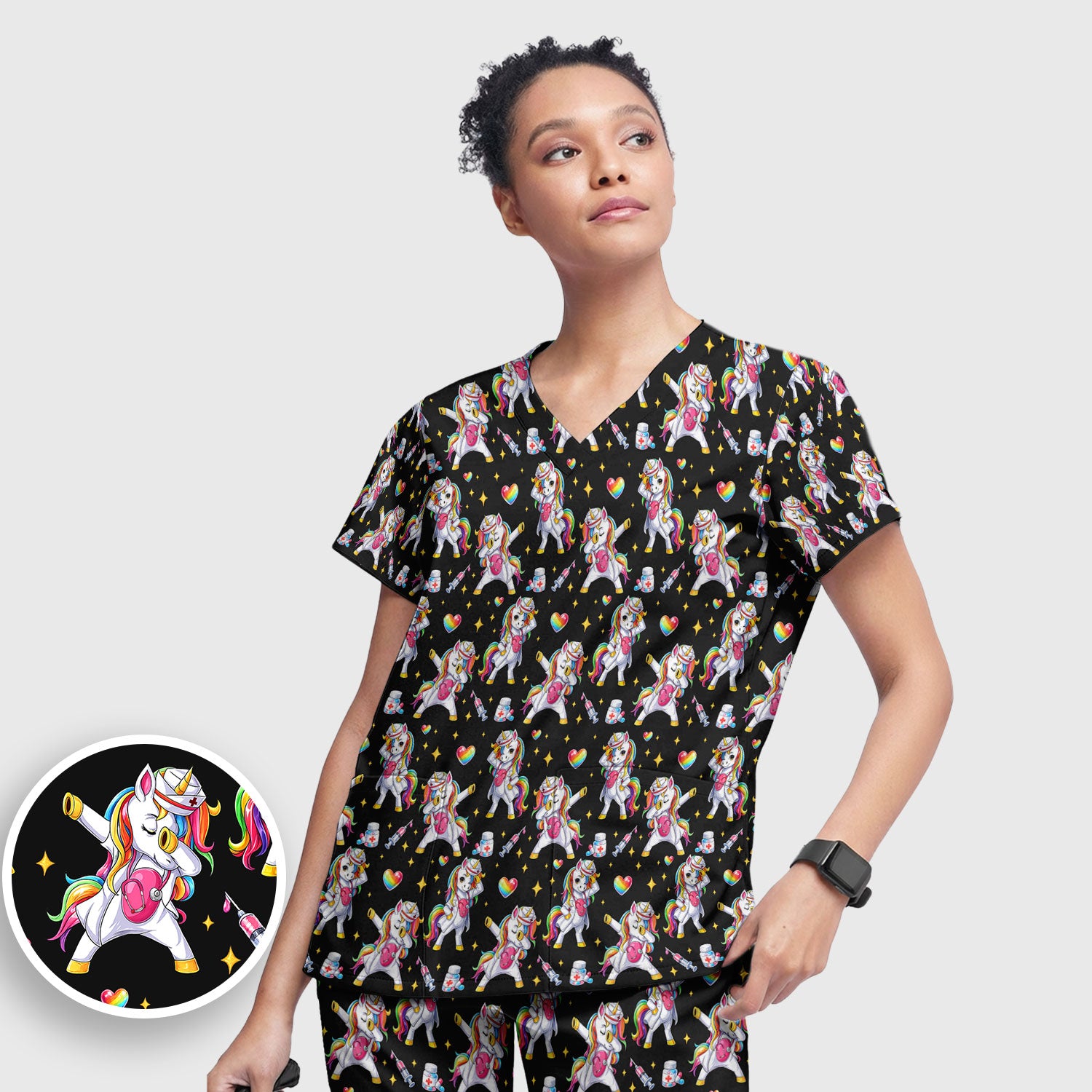 Playful Nurse Unicorn Rainbow Pattern Scrub Set, Breathable Med Uniform