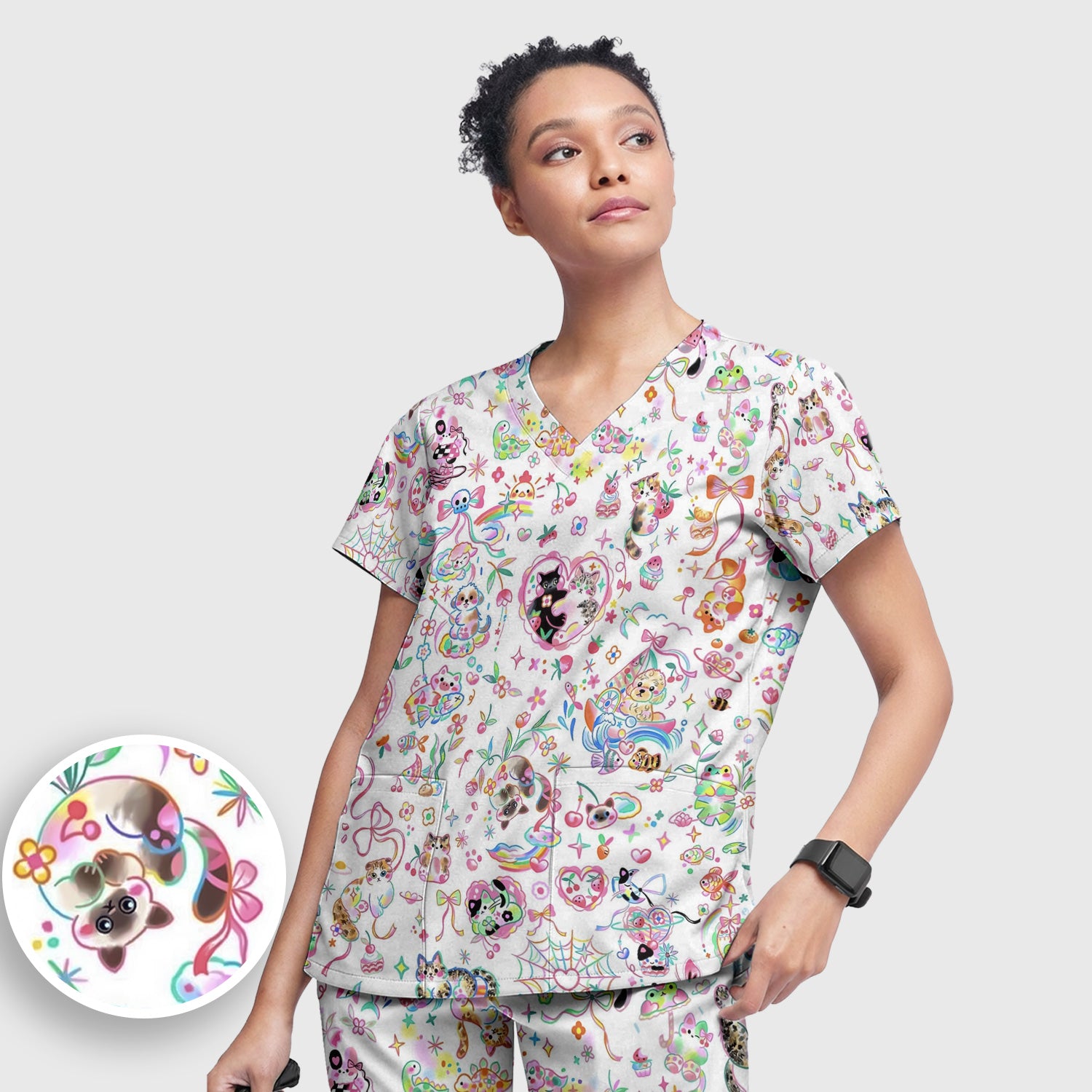Cute Kawaii Animal Rainbow Heart Pattern Scrub Set, Scrub Pants and V Neck Top