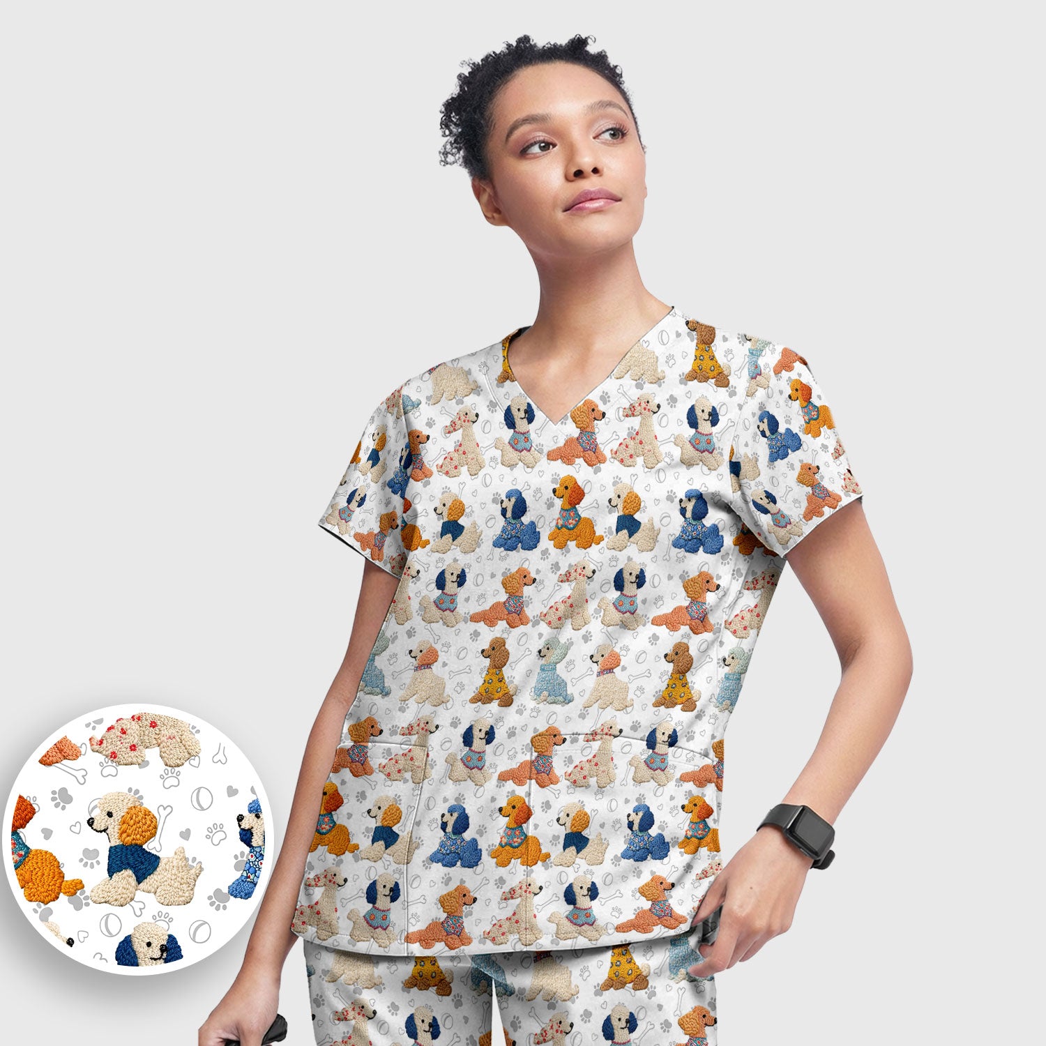 Cute Colorful Poodle Pattern Scrub Set, Scrub Pants and V Neck Top