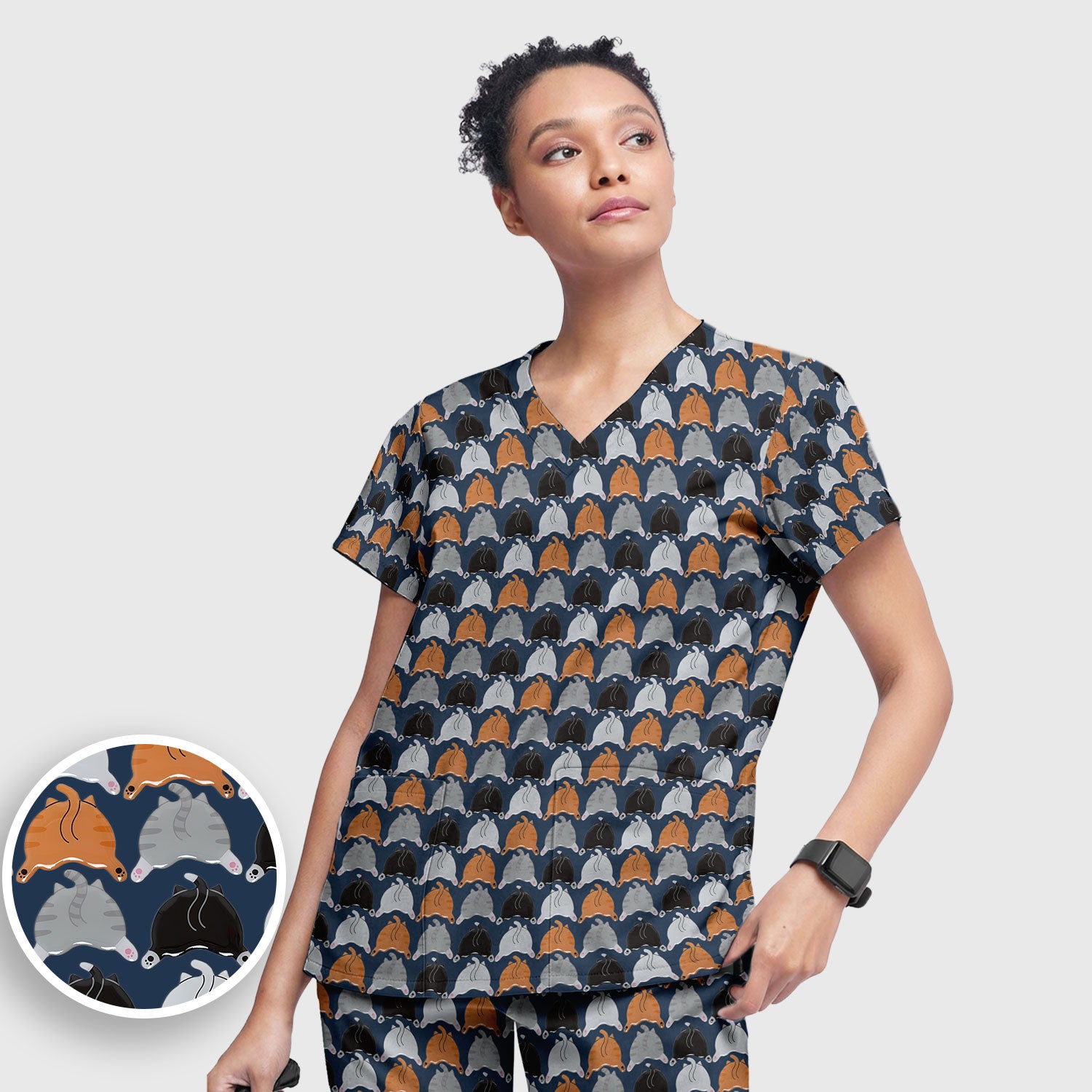 Playful Multicolor Cat Print Scrub Set, Breathable Med Uniform