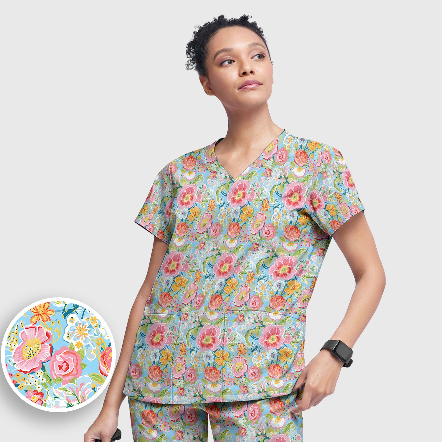 Pastel Tropical Floral Garden Pattern Scrub Set, Scrub Pants and V Neck Top