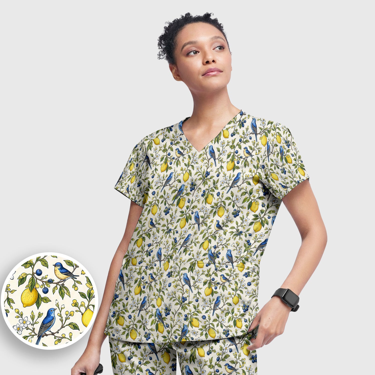 Bluebird Lemon Blossom Pattern Scrub Set, Scrub Pants and V Neck Top