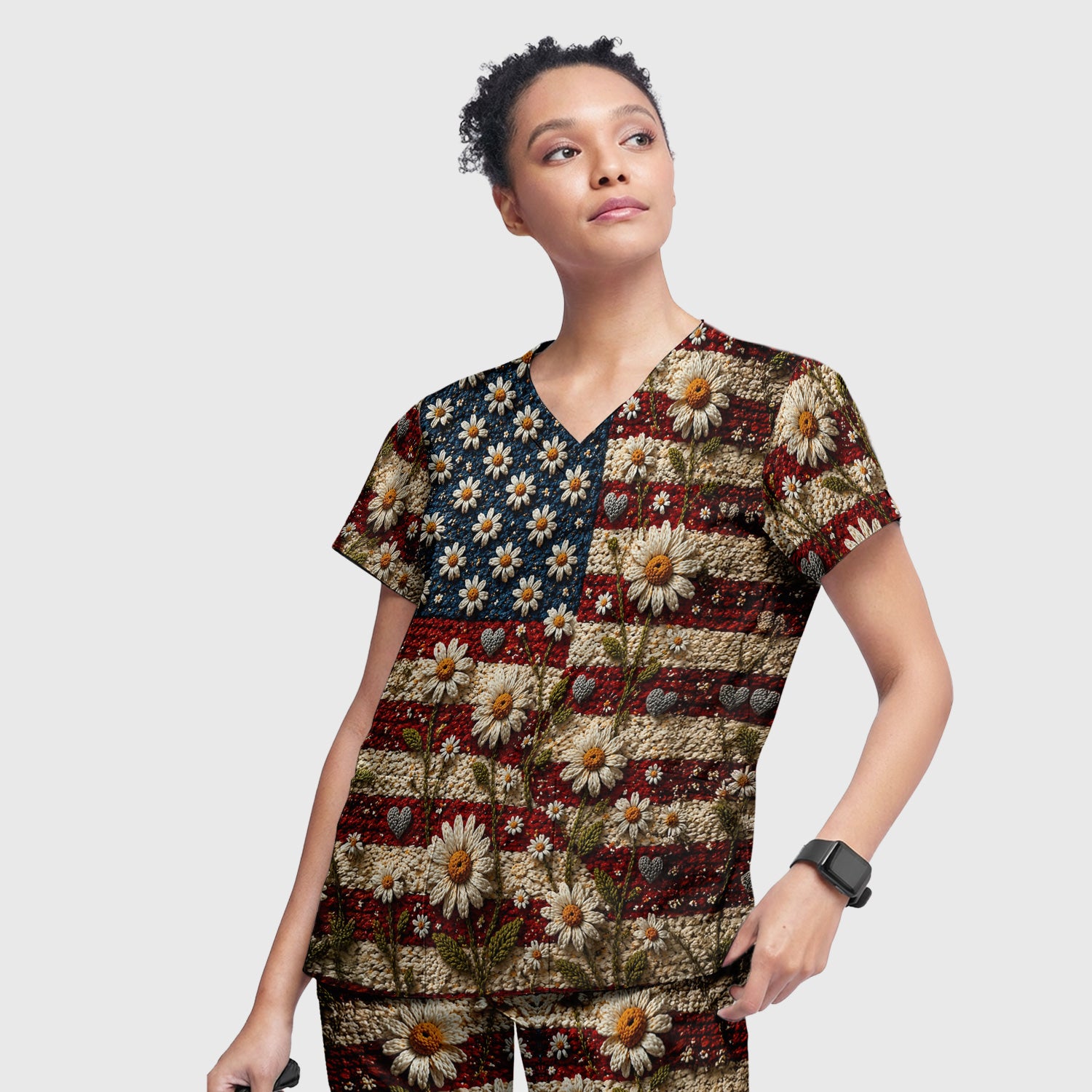 American Flag Daisy Floral Knit Texture Pattern Scrub Set, Scrub Pants and V Neck Top