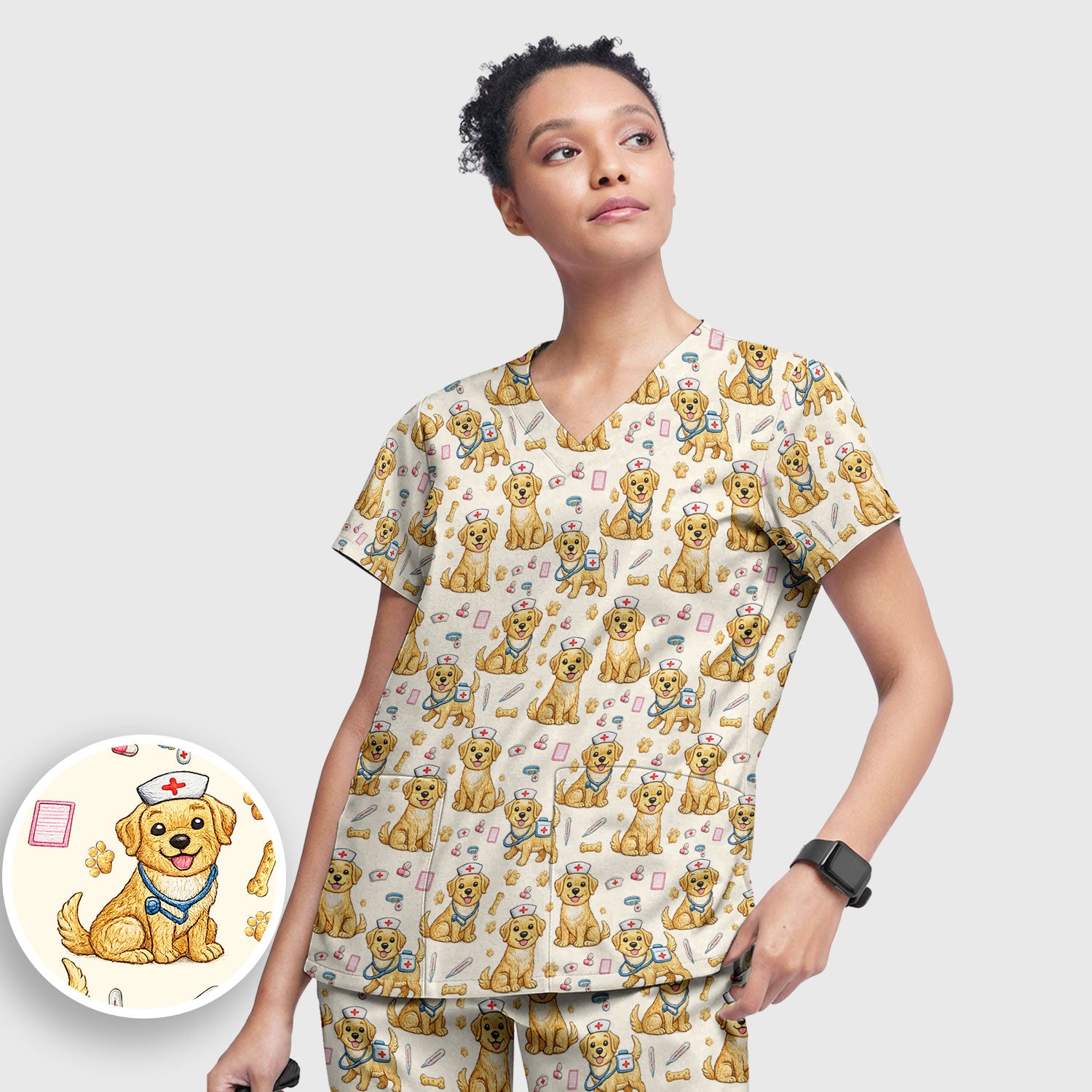 Cute Puppy Nurse Medical Print Women’s Scrub Set, Scrub Pants and V Neck Top