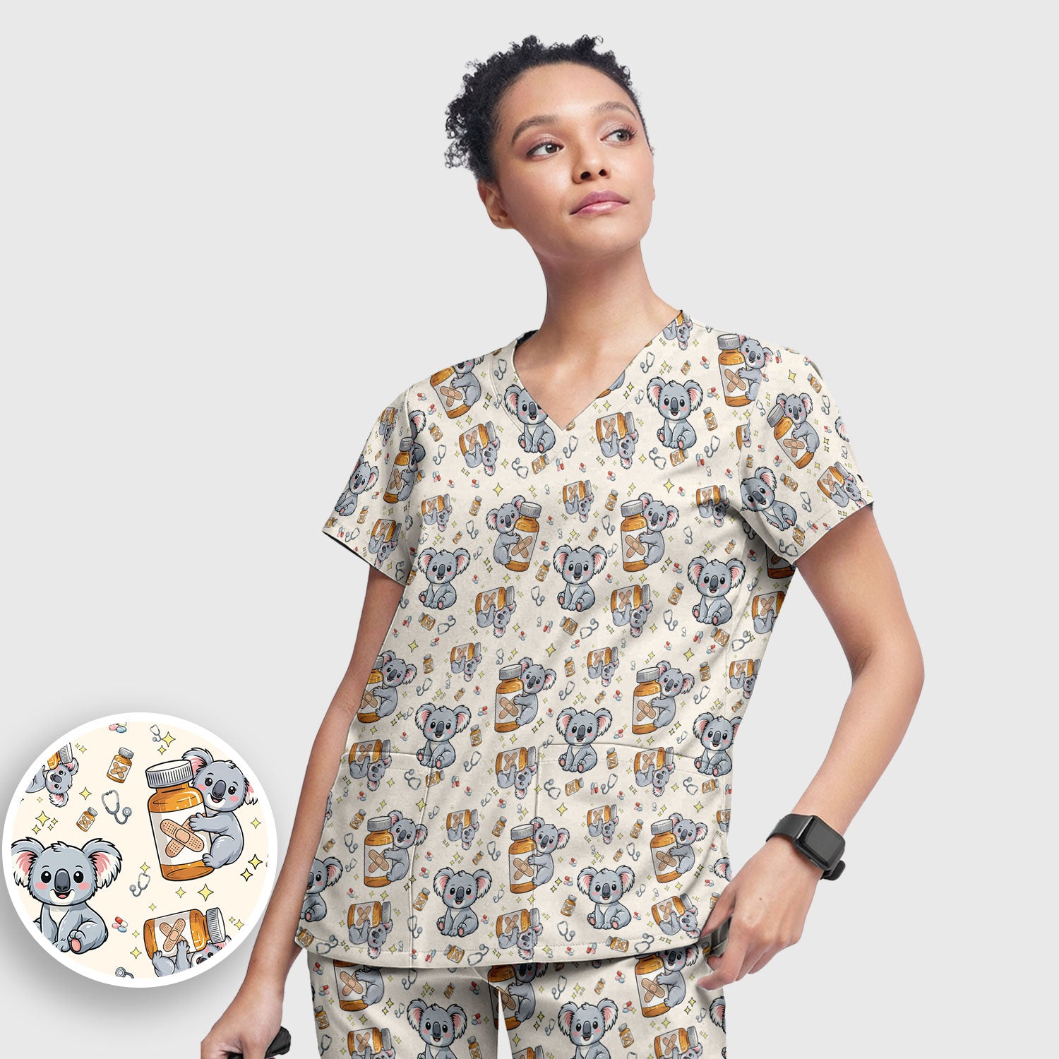 Cute Koala Nurse Bandage Medicine Print Scrub Set, Breathable Med Uniform