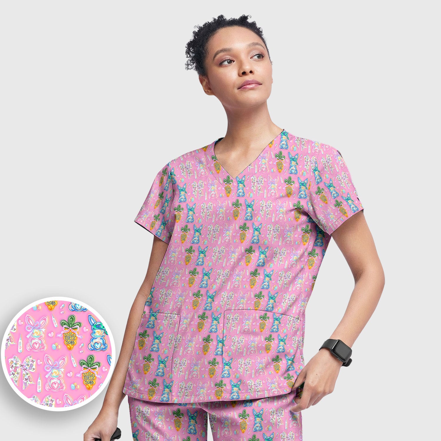 Easter Bunny Carrot Bow Floral Print Scrub Set, Breathable Med Uniform