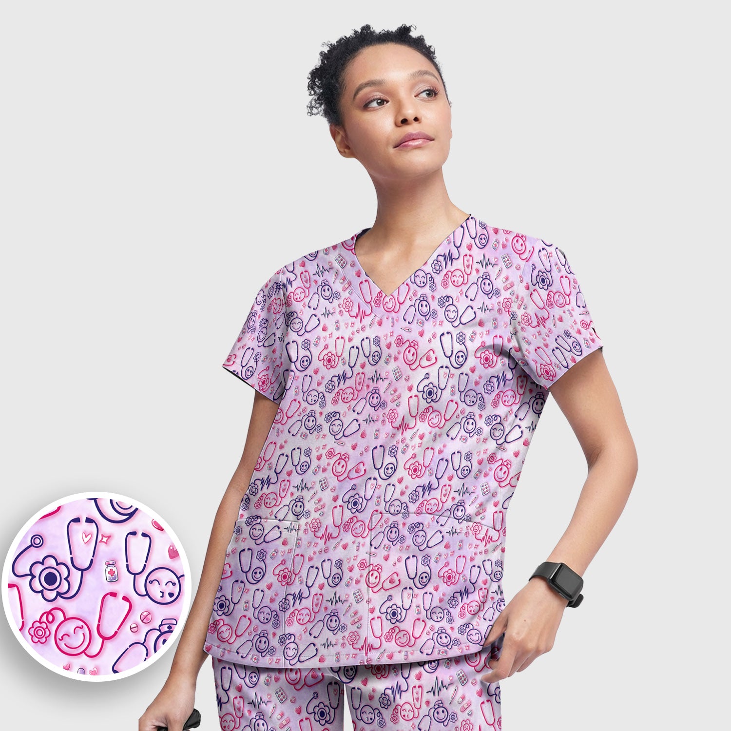 Stethoscope Heart Cute Icon Print Scrub Set, Breathable Med Uniform