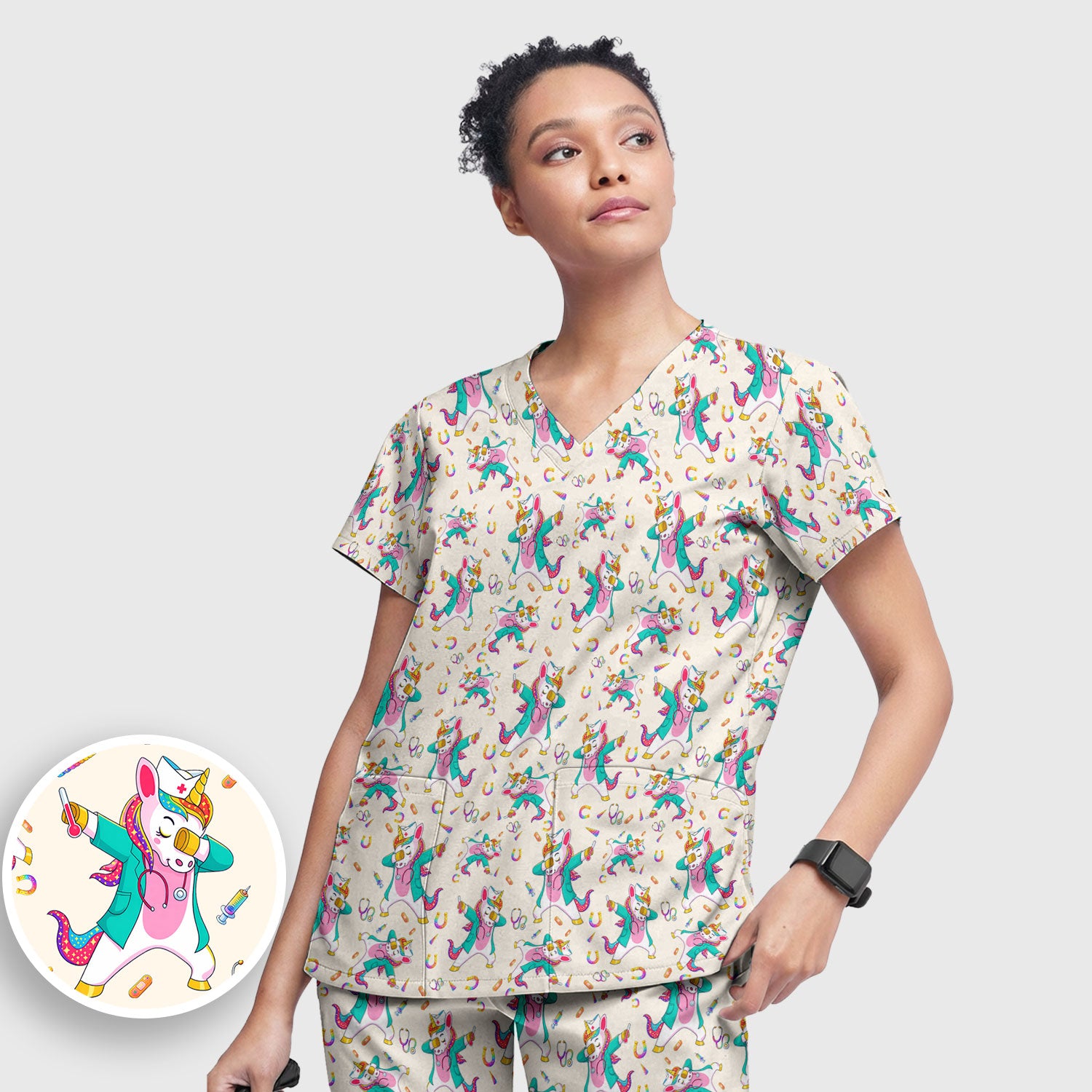 Cute Unicorn Nurse Dance Pattern Women's Sets, Scrub Pants and V Neck Top