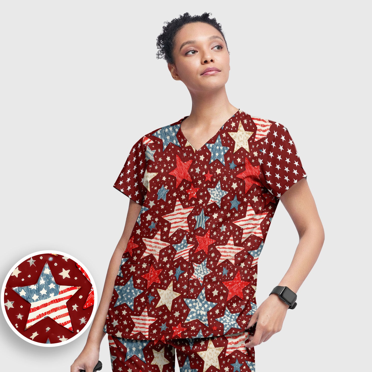 Patriotic Star Pattern Women's Scrub Set, Scrub Pants and V Neck Top