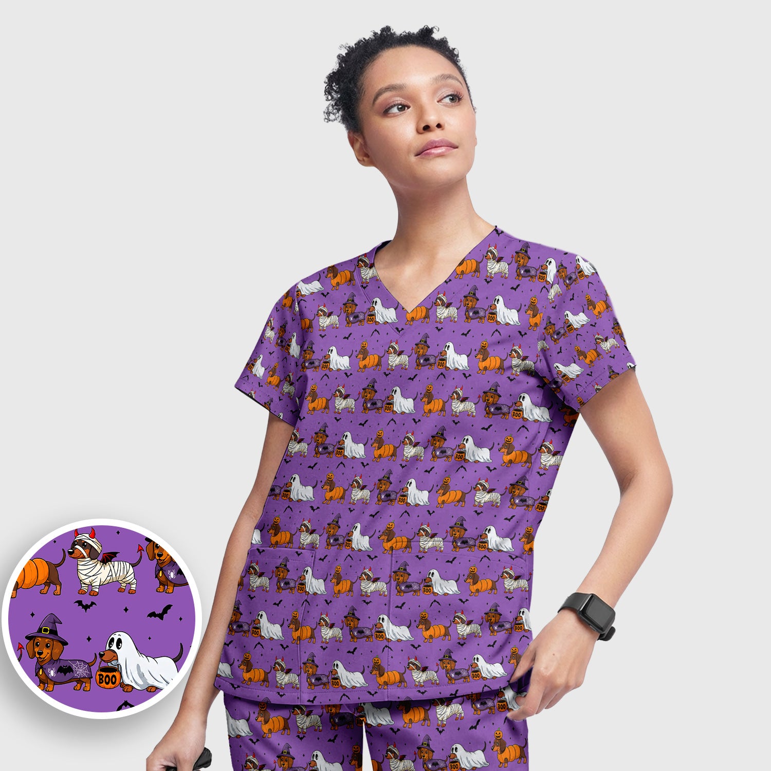 Halloween Dachshund for Veterinary Staff Scrub Set, Scrub Pants and V Neck Top