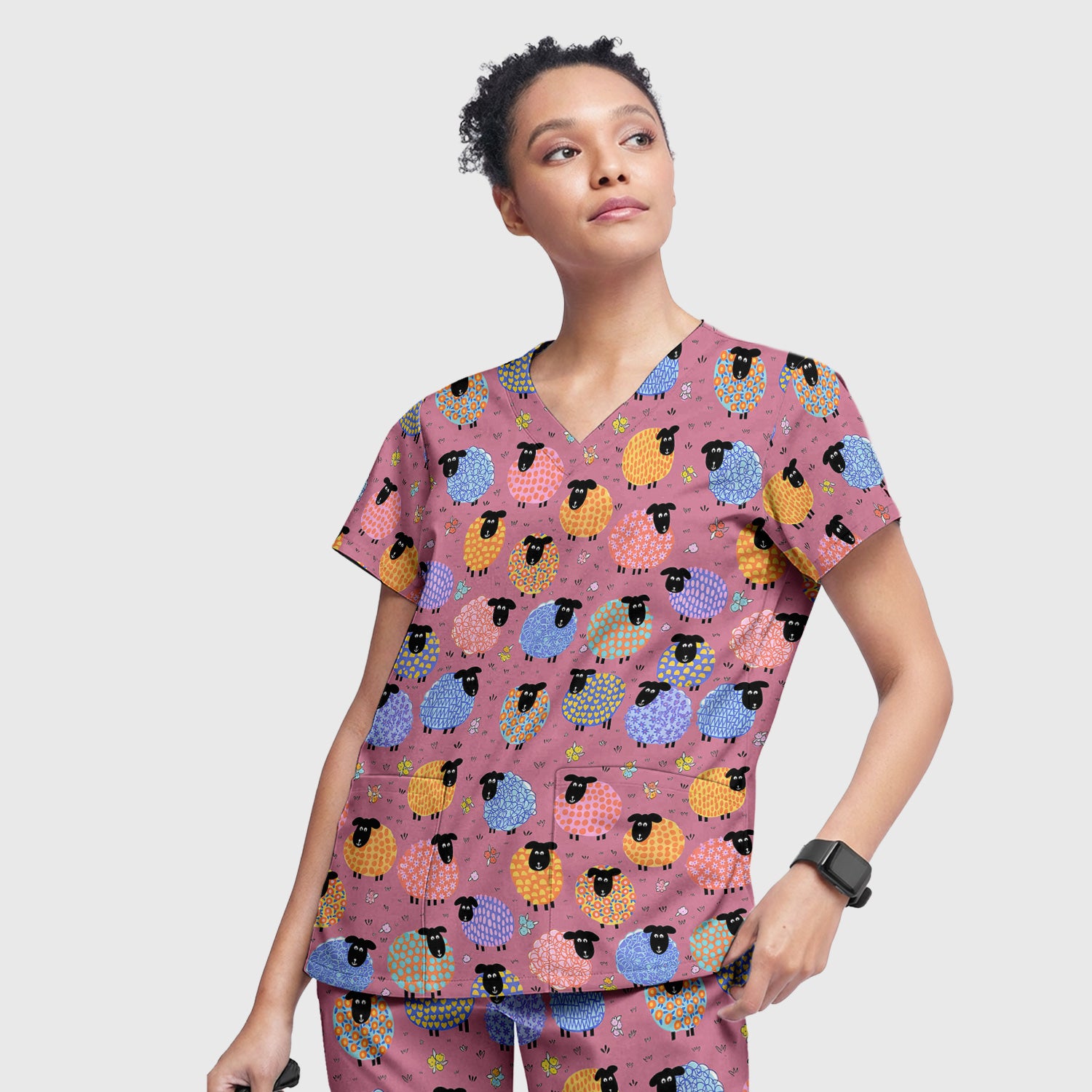 Funny Colorful Sheep Pattern Scrub Set, Scrub Pants and V Neck Top